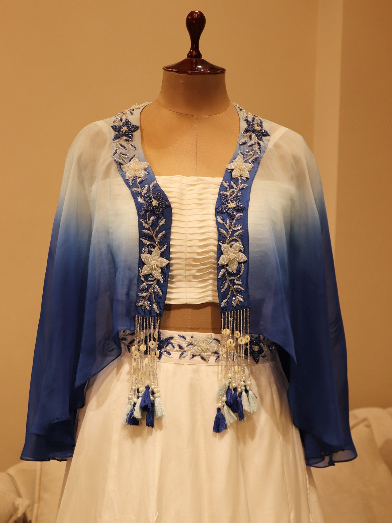 Blue shaded hand painted crop top cape skirt