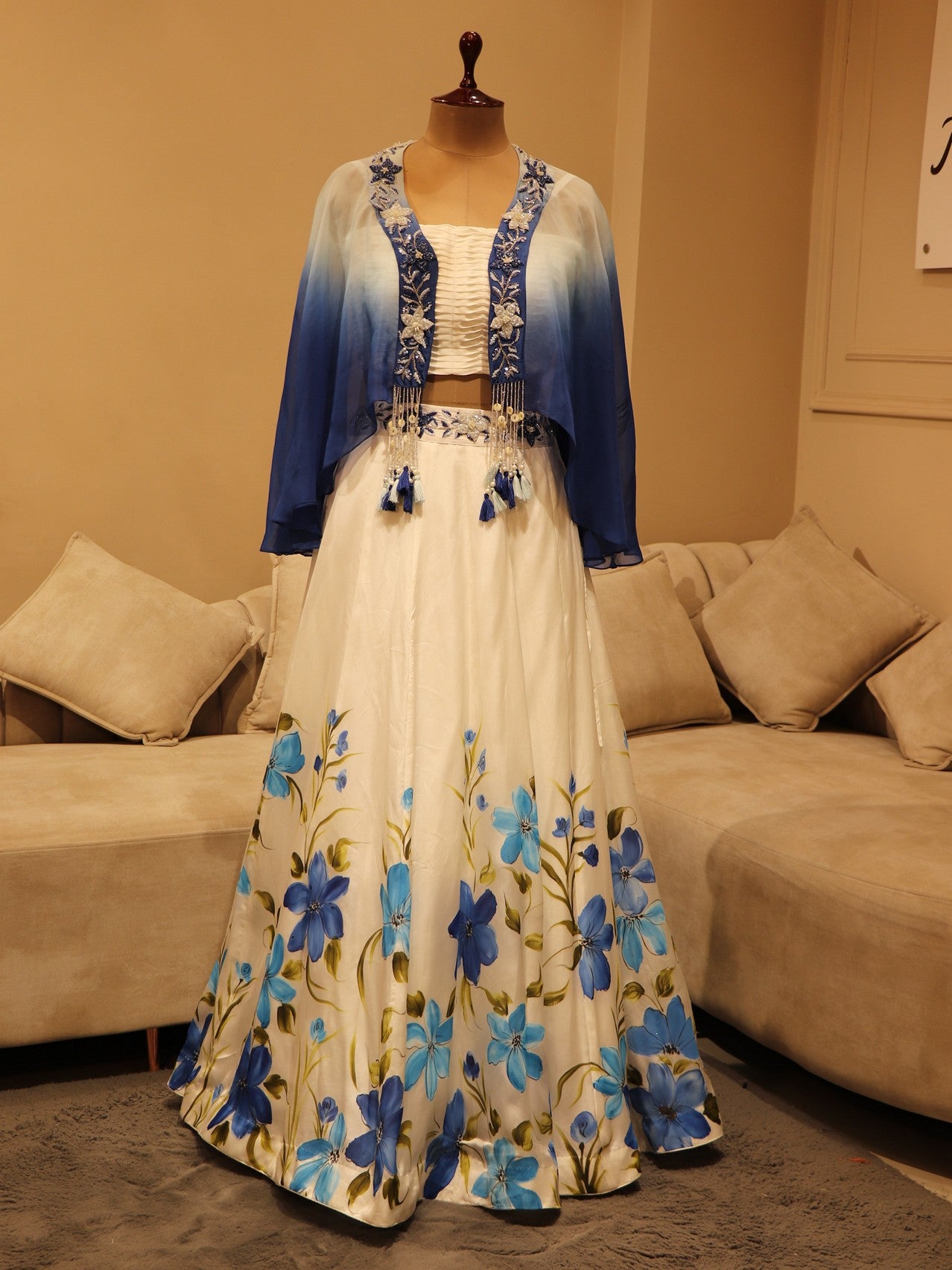 Blue shaded hand painted crop top cape skirt
