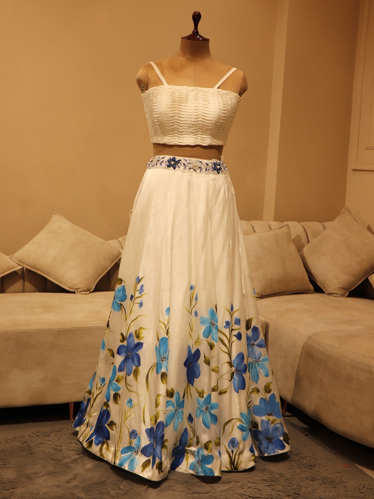 Blue shaded hand painted crop top cape skirt