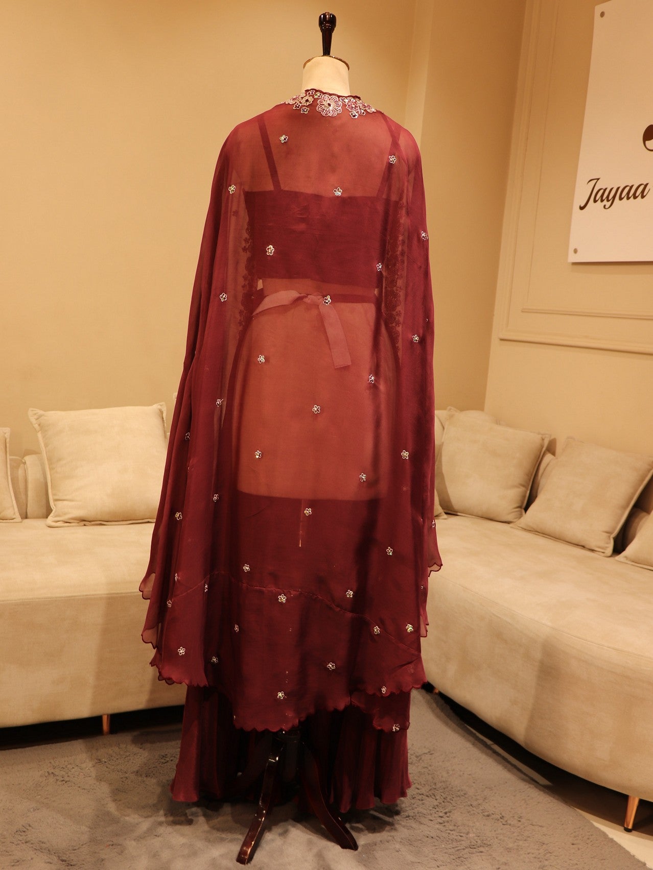 wineish maroon crop top plazo cape set