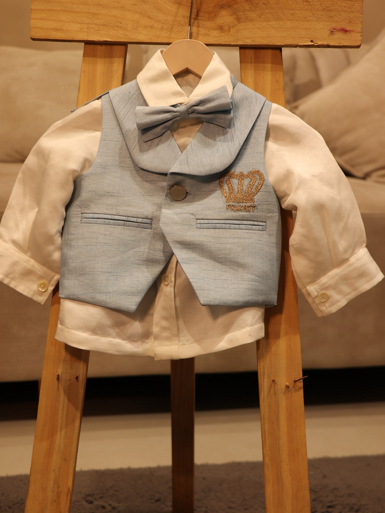 powder blue white custom name kid shirt with waist coat and pants