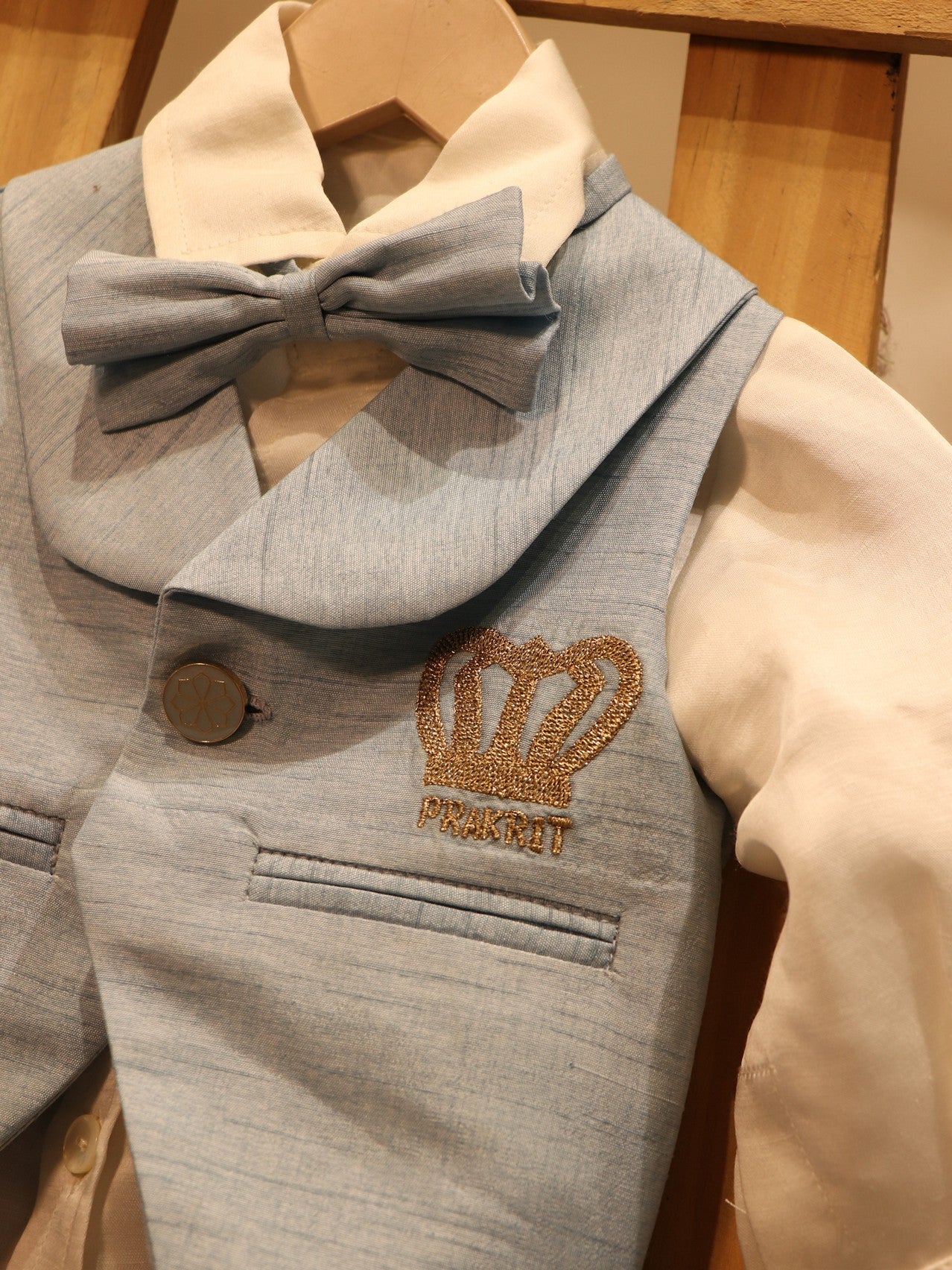 powder blue white custom name kid shirt with waist coat and pants