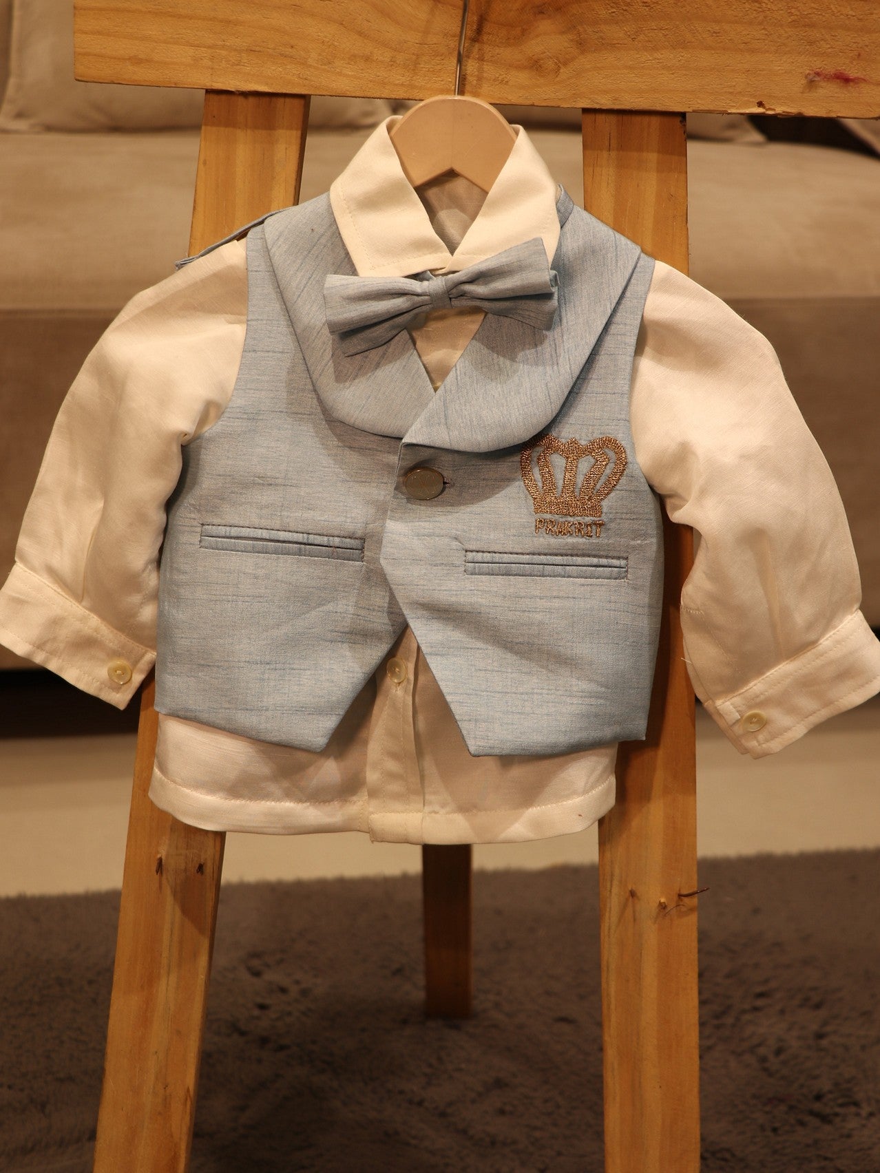 powder blue white custom name kid shirt with waist coat and pants