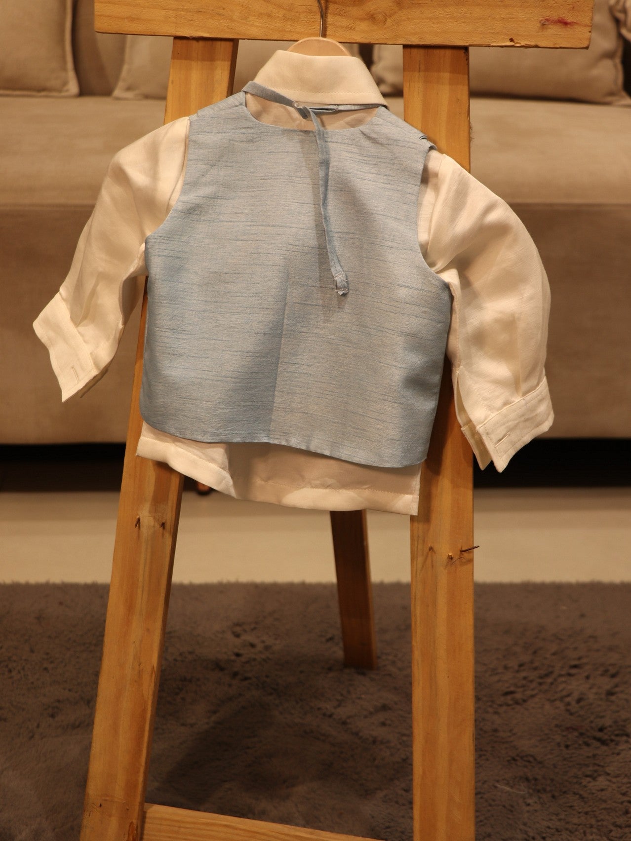 powder blue white custom name kid shirt with waist coat and pants