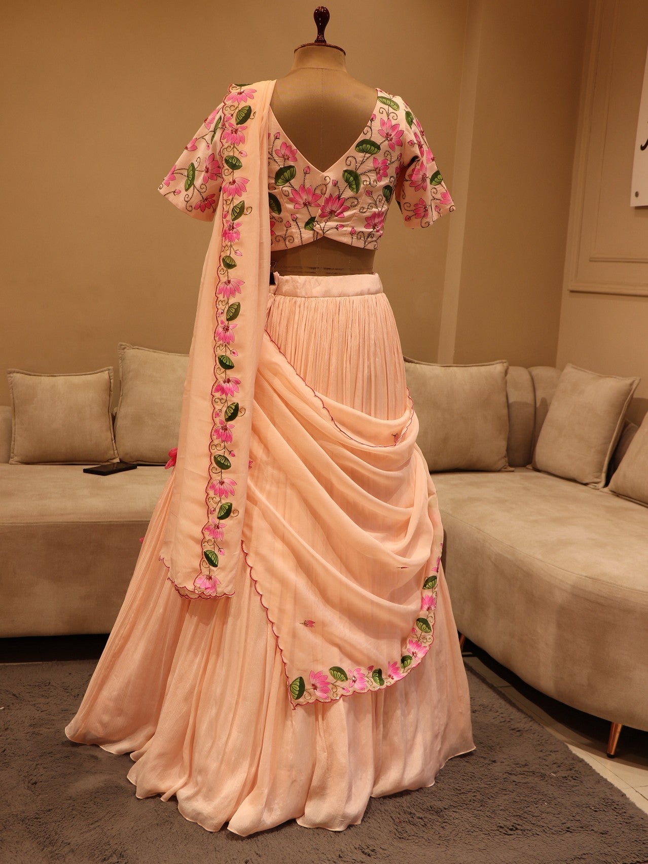 Pastel peach pichwai hand painted lehenga set