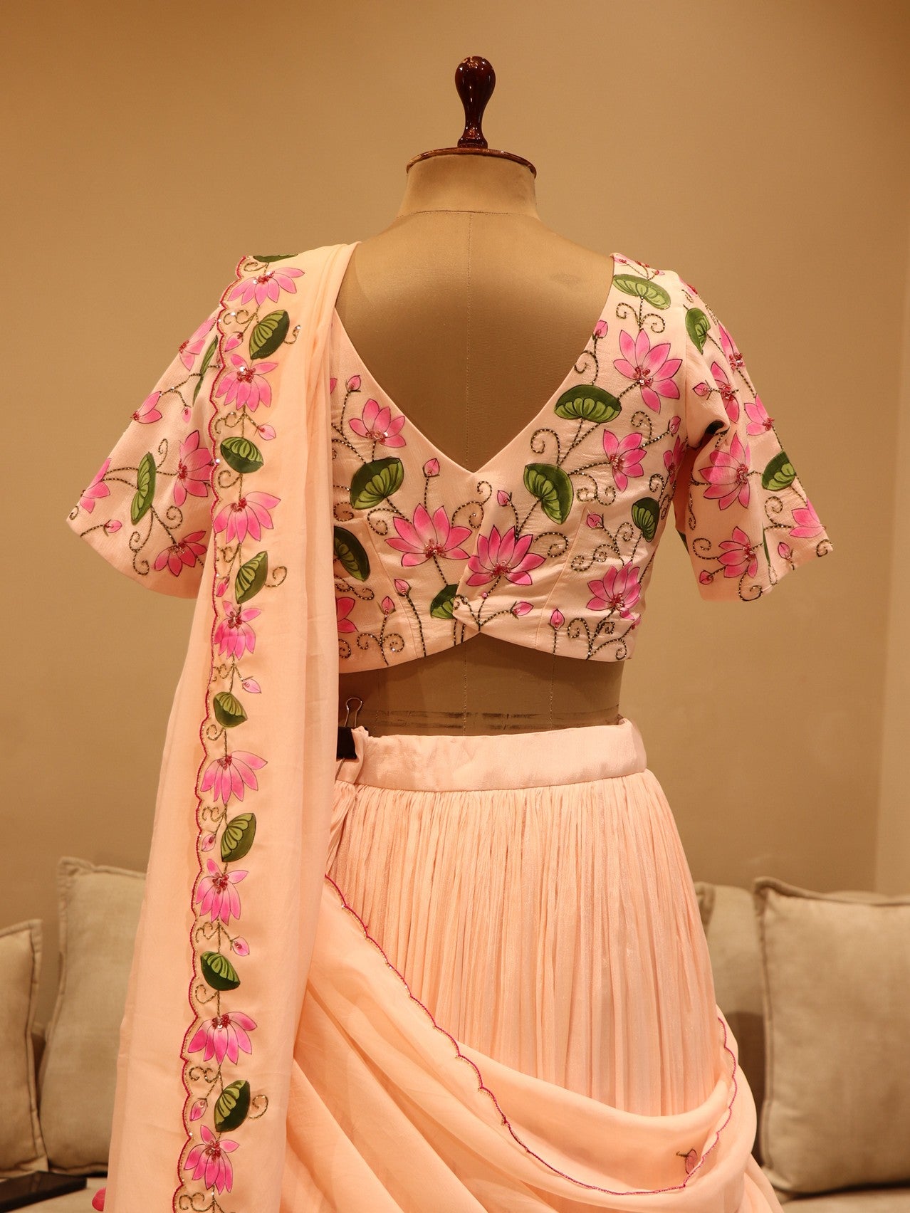 Pastel peach pichwai hand painted lehenga set
