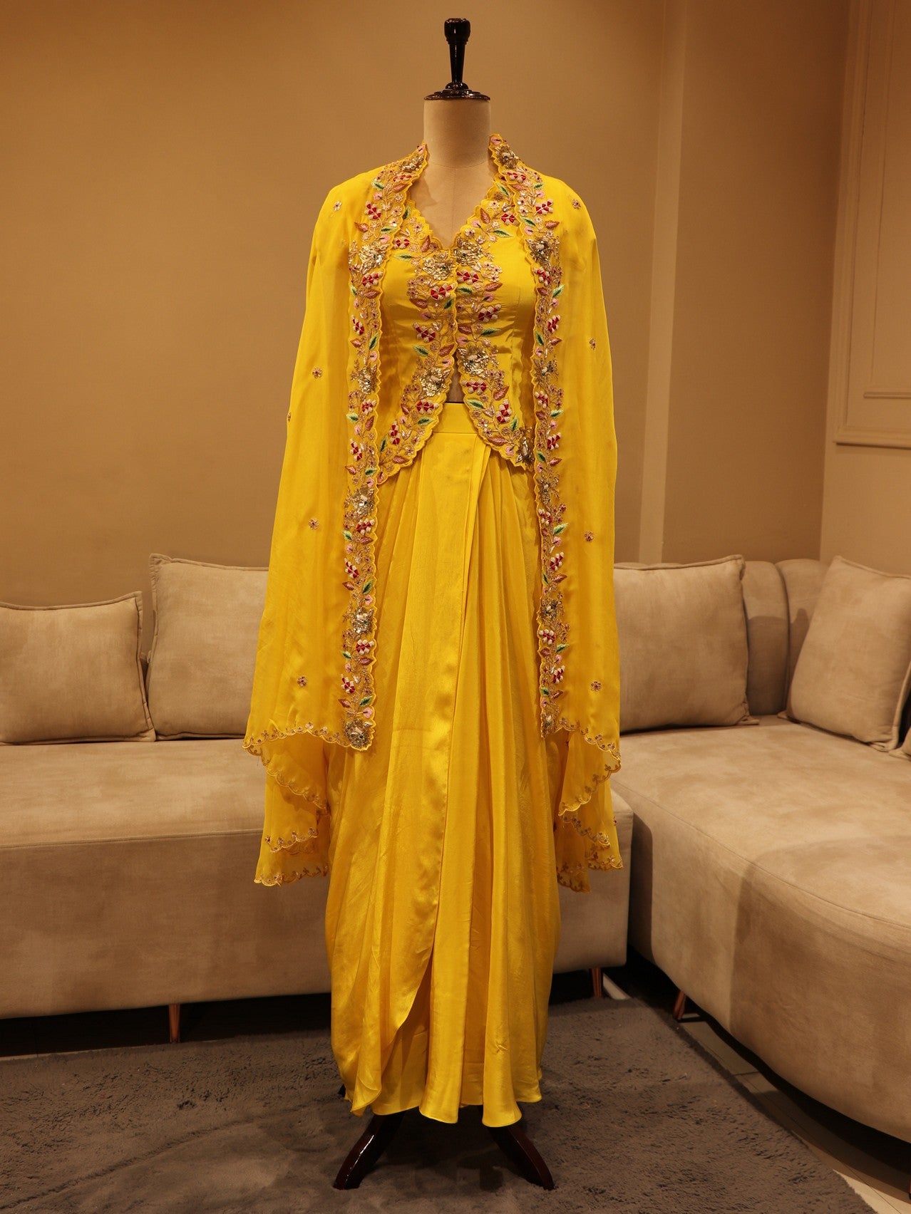 Mustard yellow peplum top drape skirt with dupatta