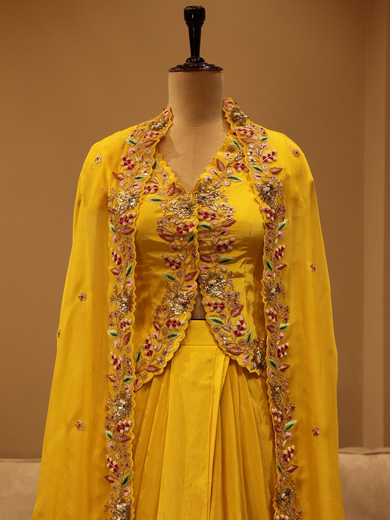 Mustard yellow peplum top drape skirt with dupatta