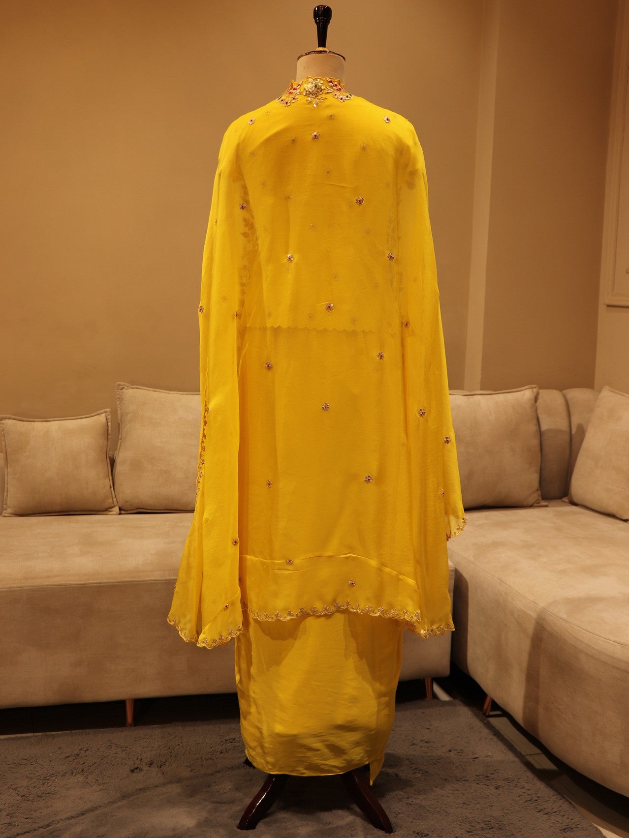 Mustard yellow peplum top drape skirt with dupatta