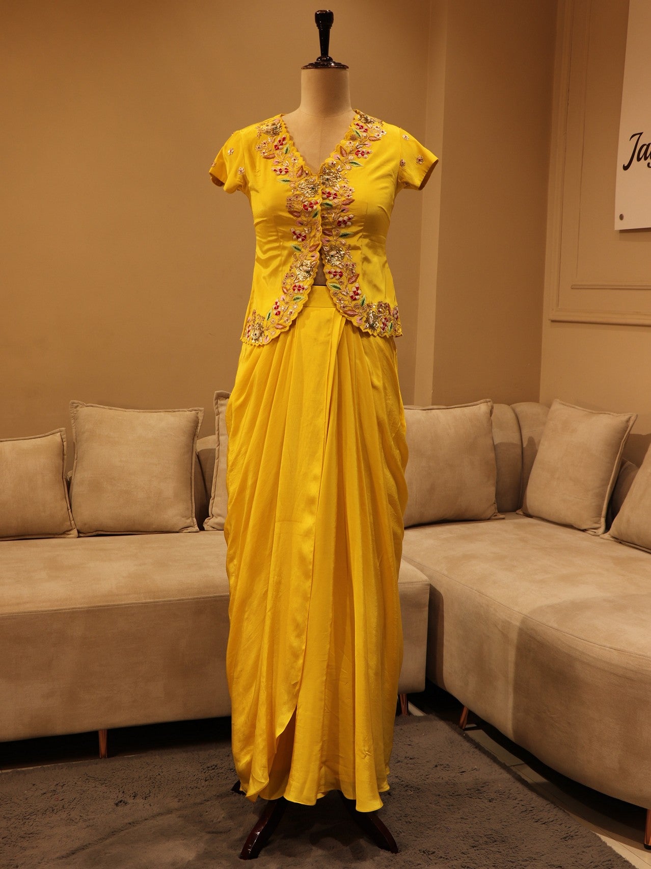 Mustard yellow peplum top drape skirt with dupatta