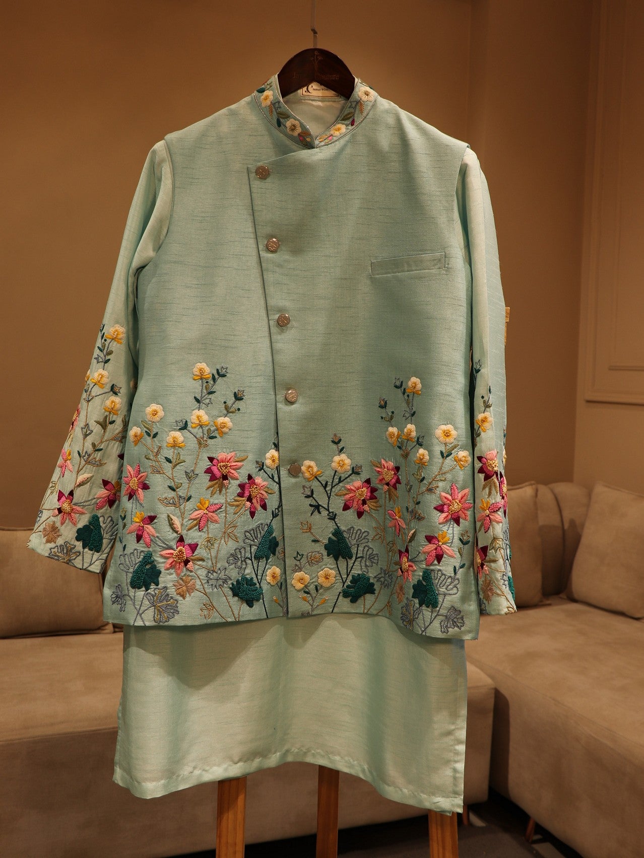 Pastel sea green mens kurta pants with jacket
