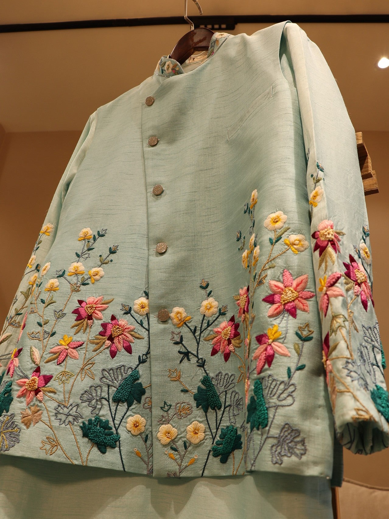 Pastel sea green mens kurta pants with jacket