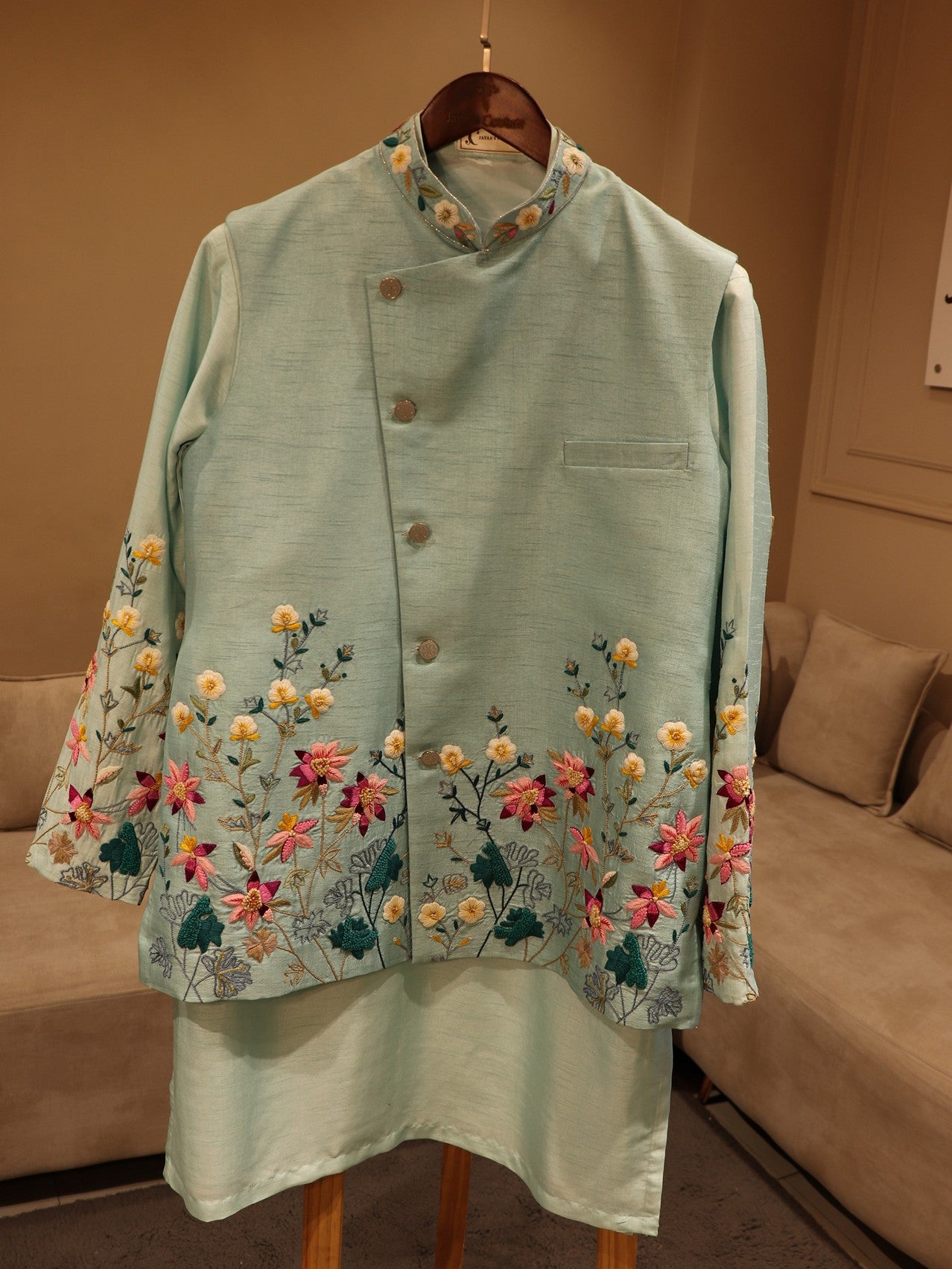 Pastel sea green mens kurta pants with jacket