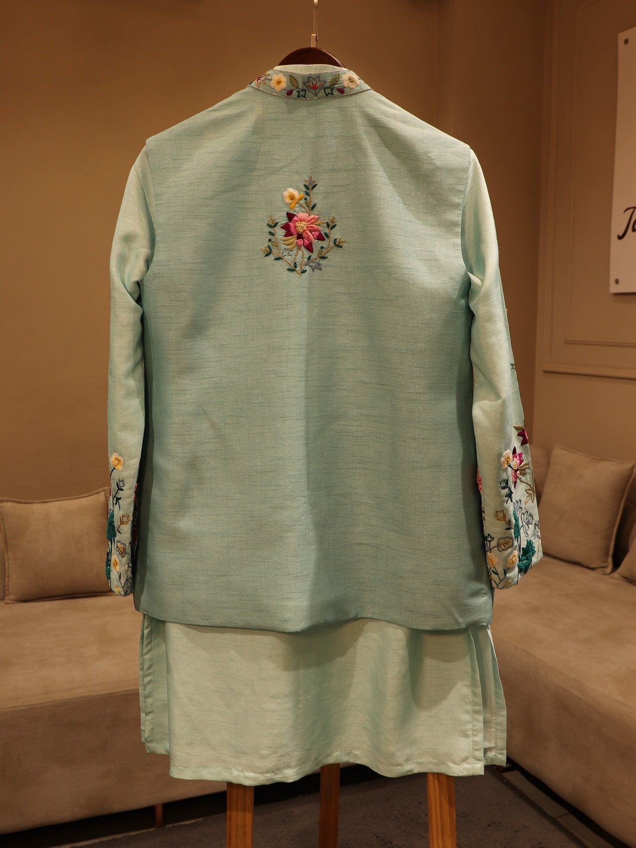 Pastel sea green mens kurta pants with jacket