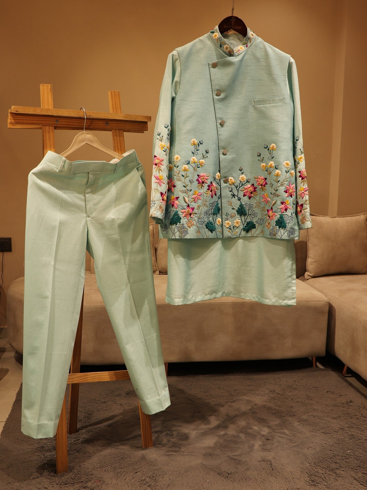 Pastel sea green mens kurta pants with jacket