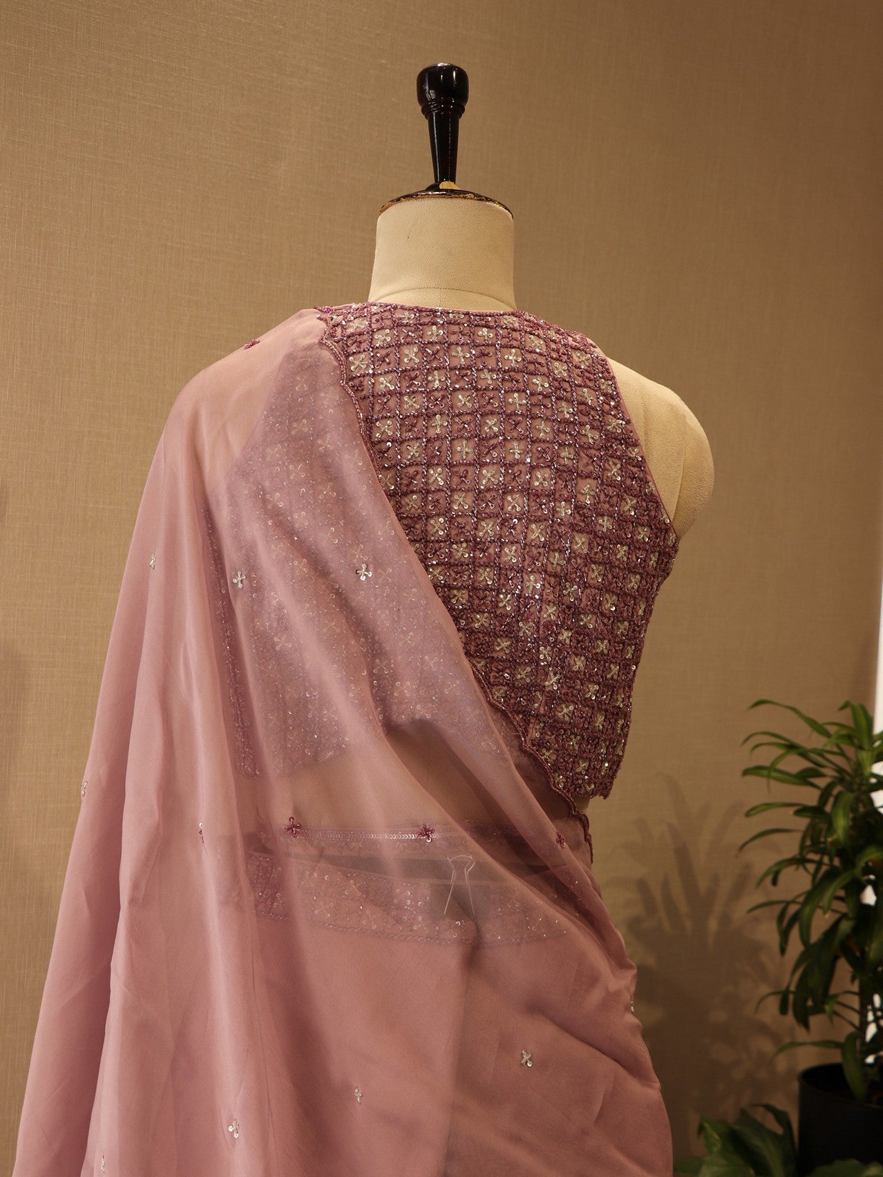 Mauve Onion pink crop top with skirt and dupatta
