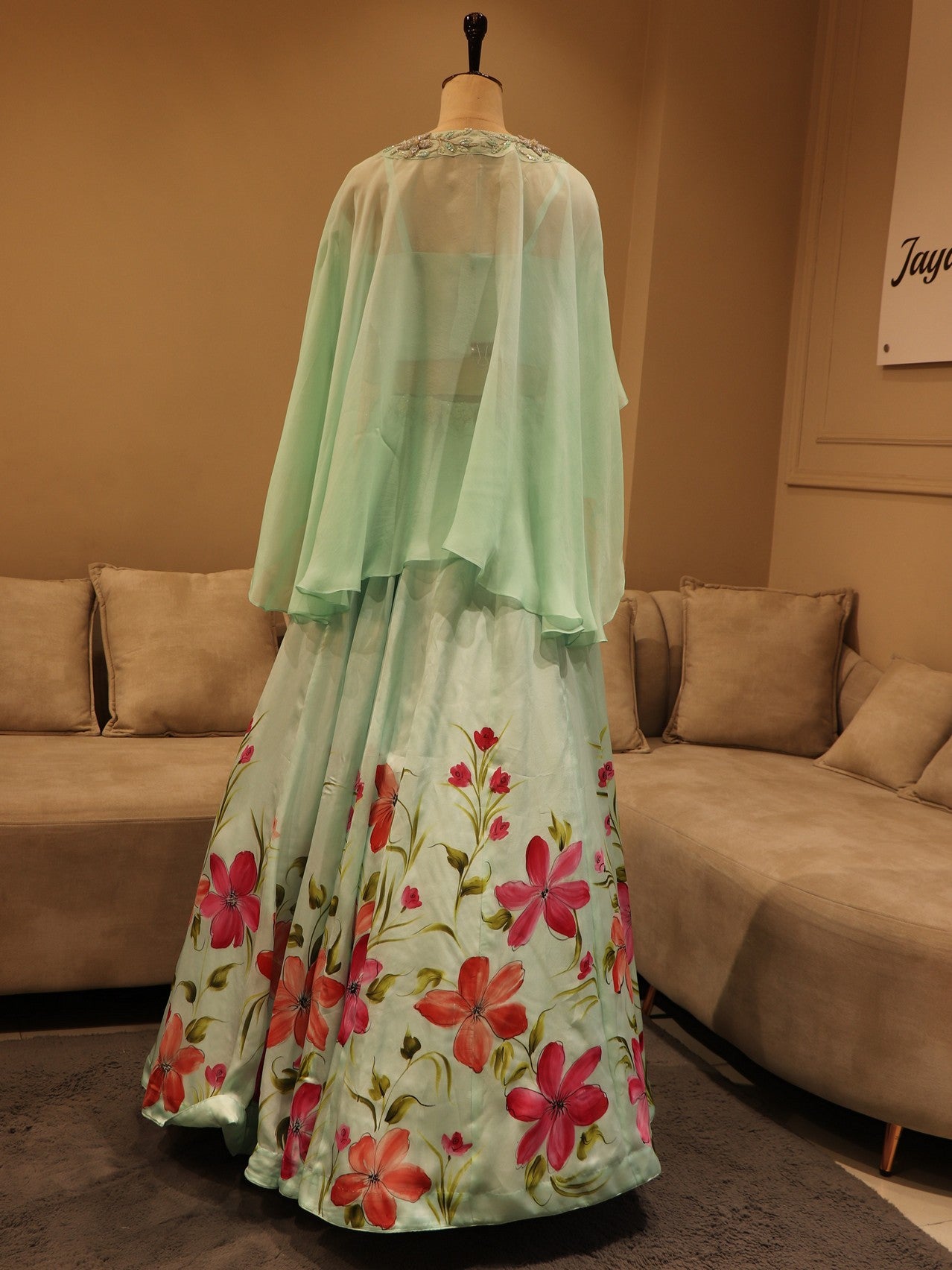Pastel sea green hand painted cape with crop top and skirt
