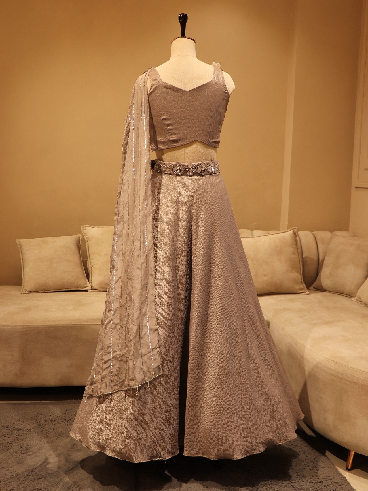 metallic brown crop top with skirt