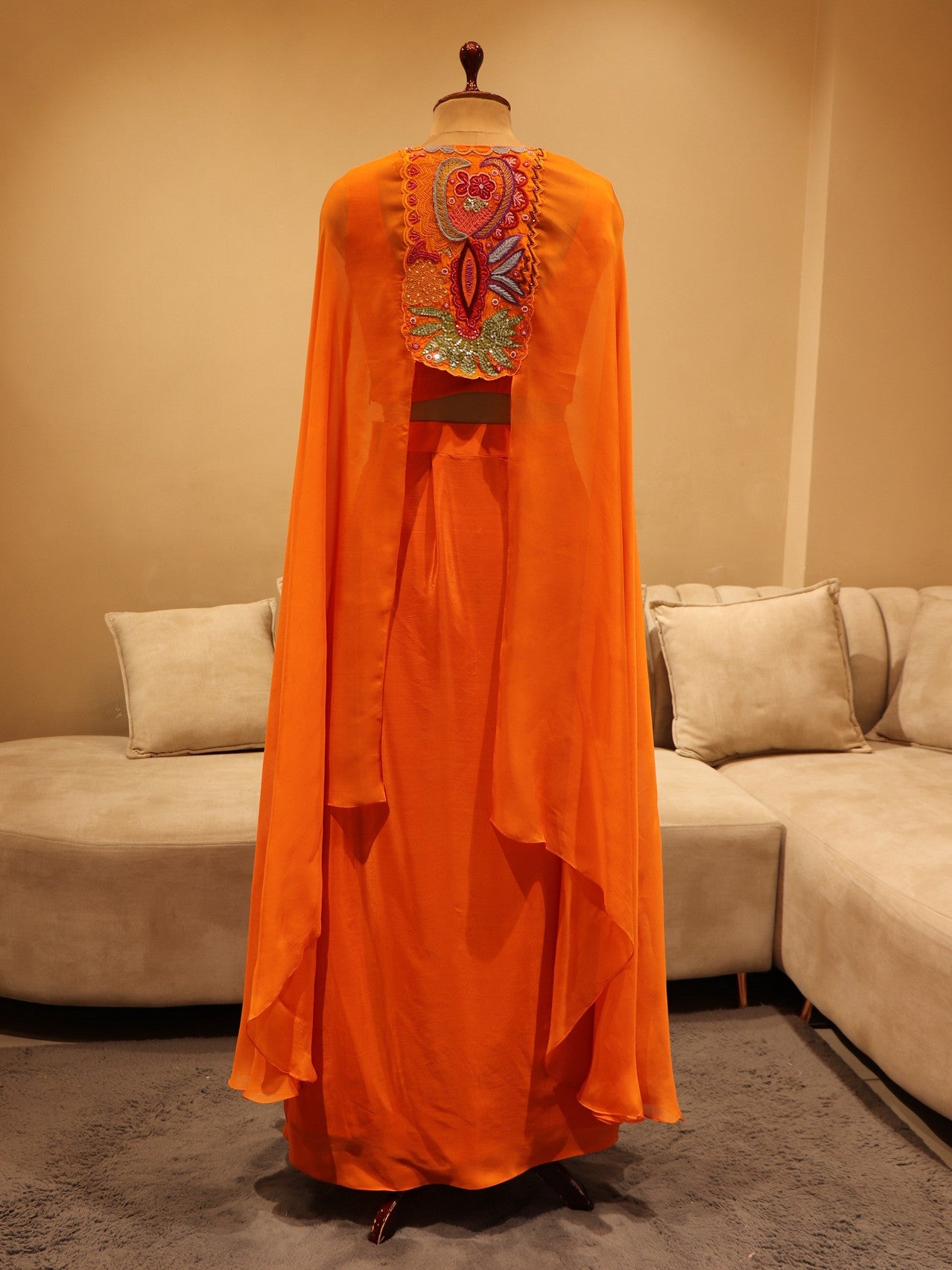 Rust orange crop top with cape and skirt