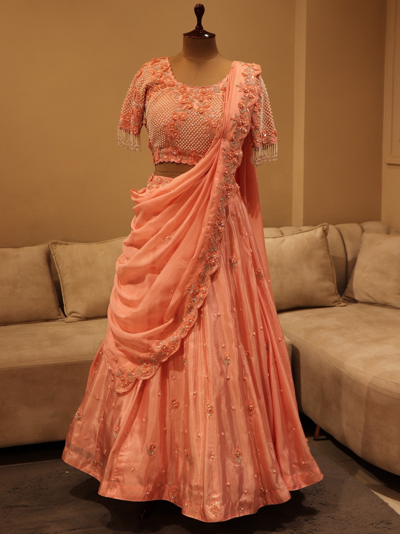 Peach pearl lehenga set