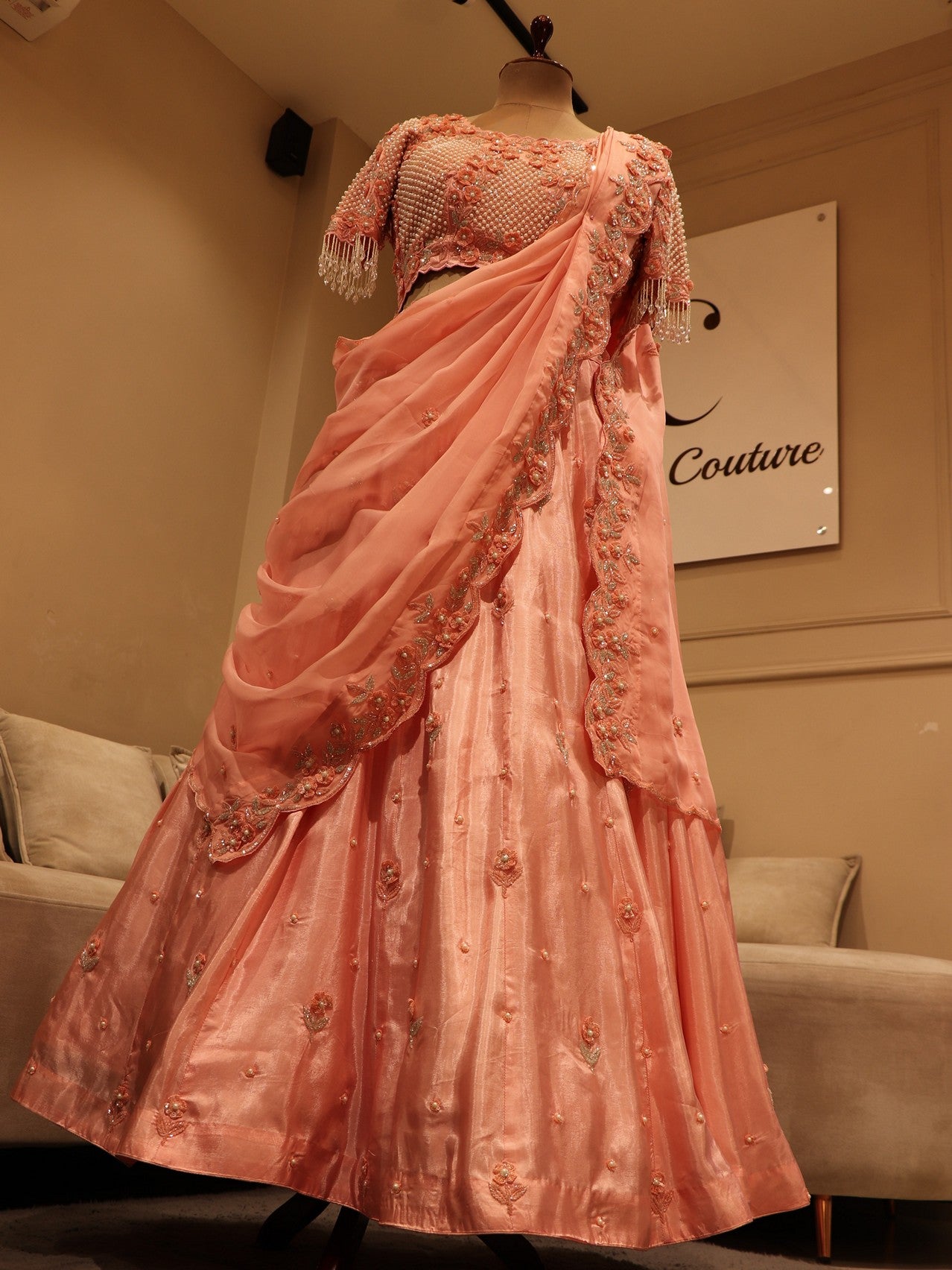 Peach pearl lehenga set