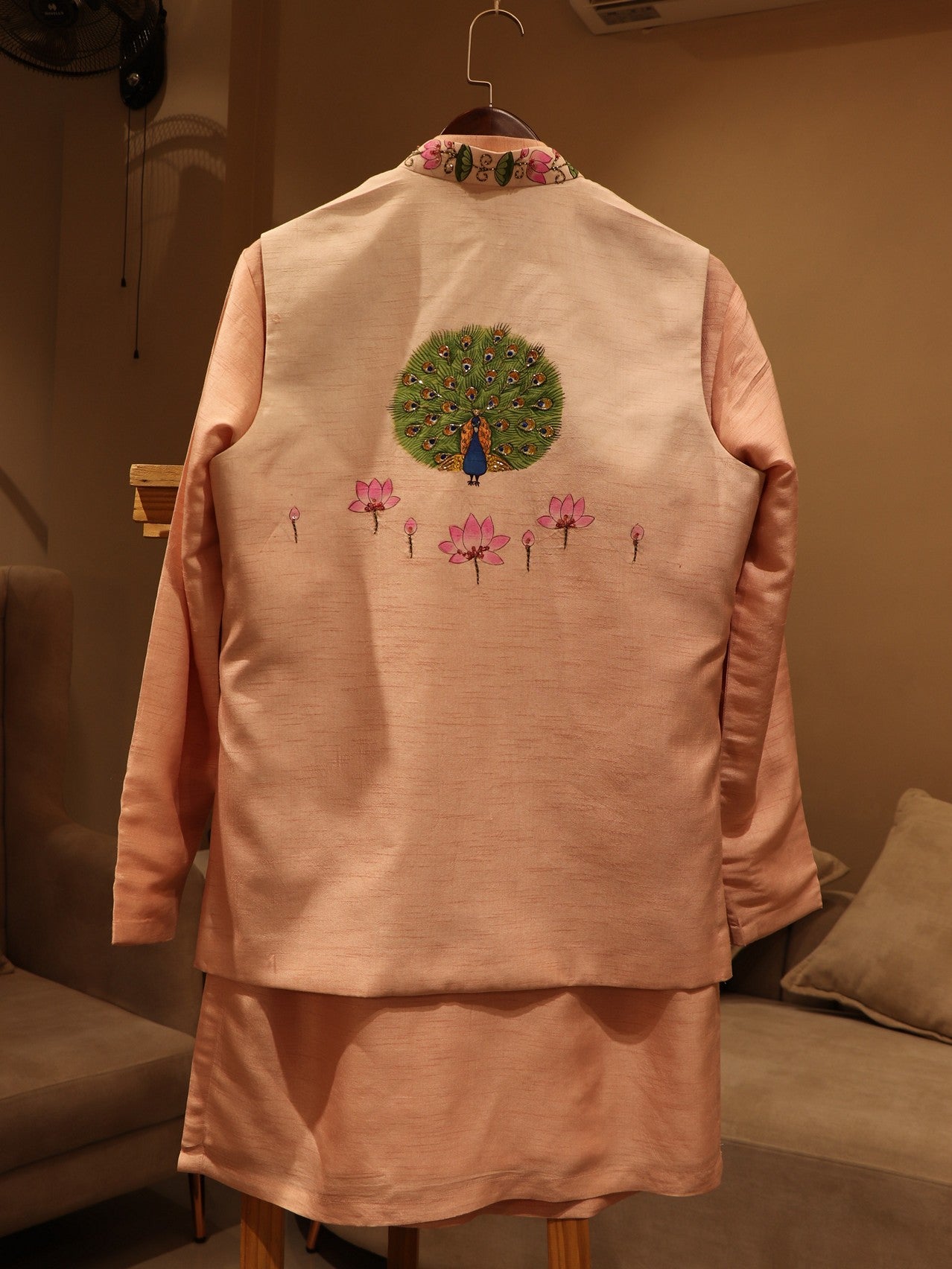 Peach shaded peacockhand painted mens neheru jacket kurta pants