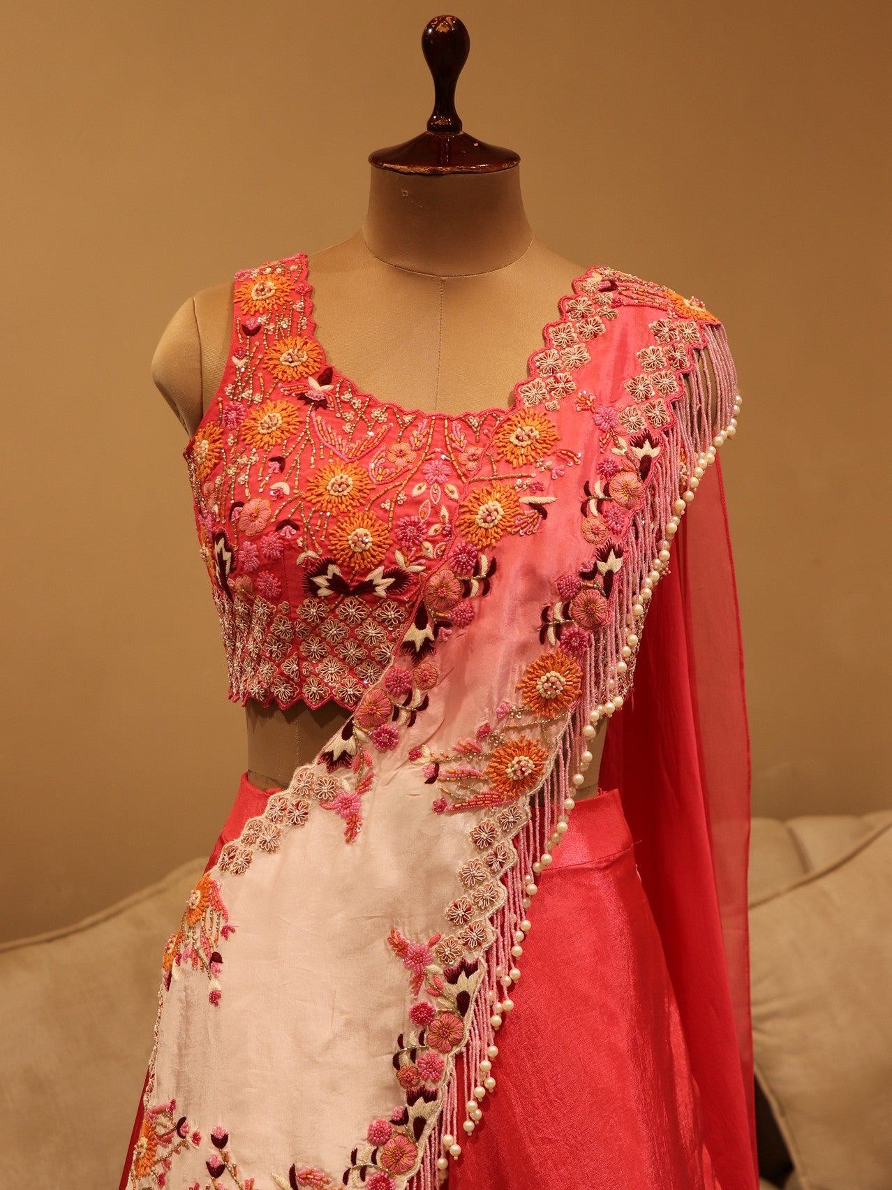 water melon pink shaded lehenga set with drape dupatta