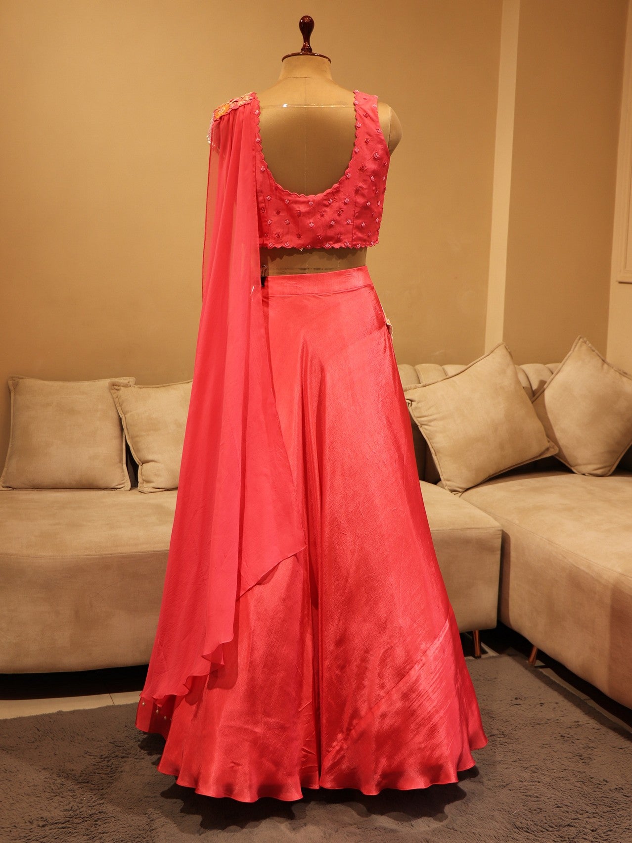 water melon pink shaded lehenga set with drape dupatta