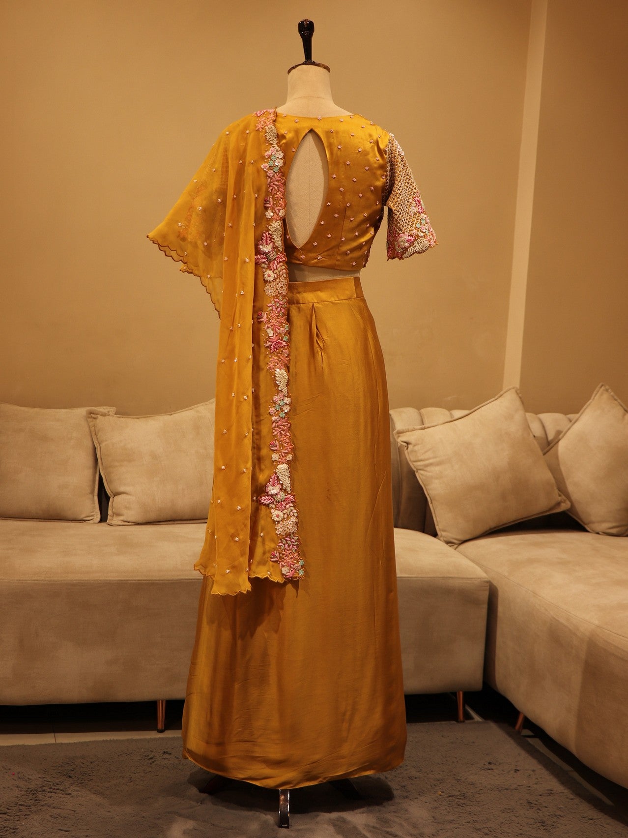 Mustard yellow drape saree