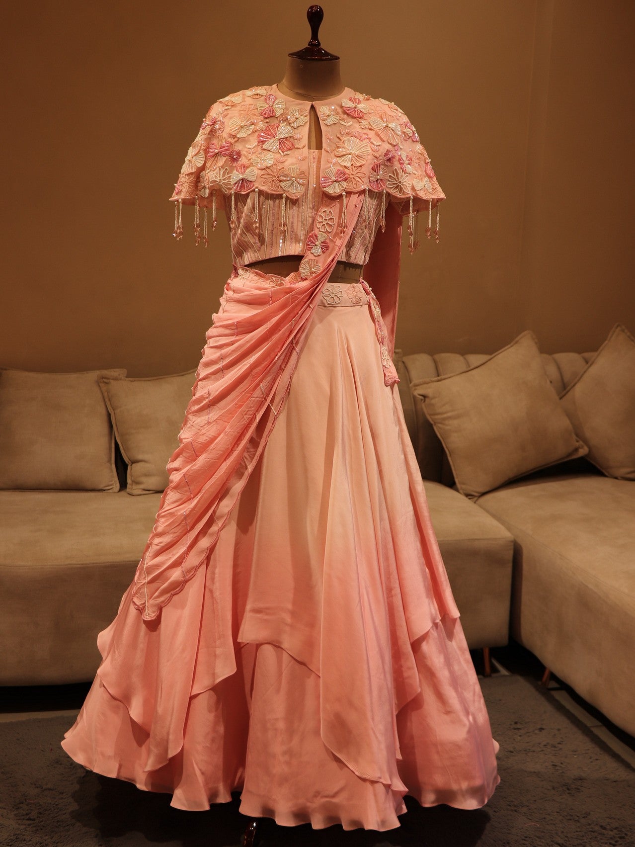 Pink shaded crop top cape with skirt