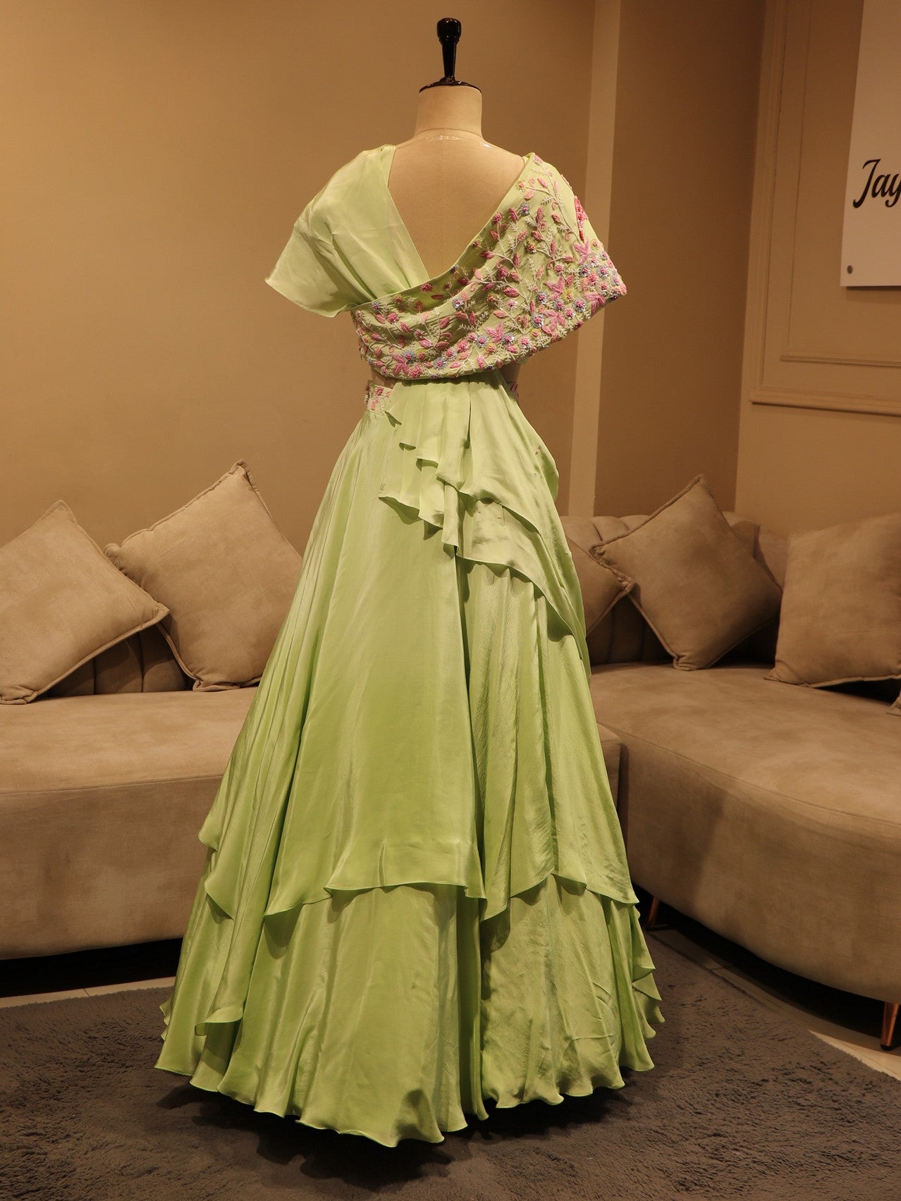 Pastel pista green cape top with skirt