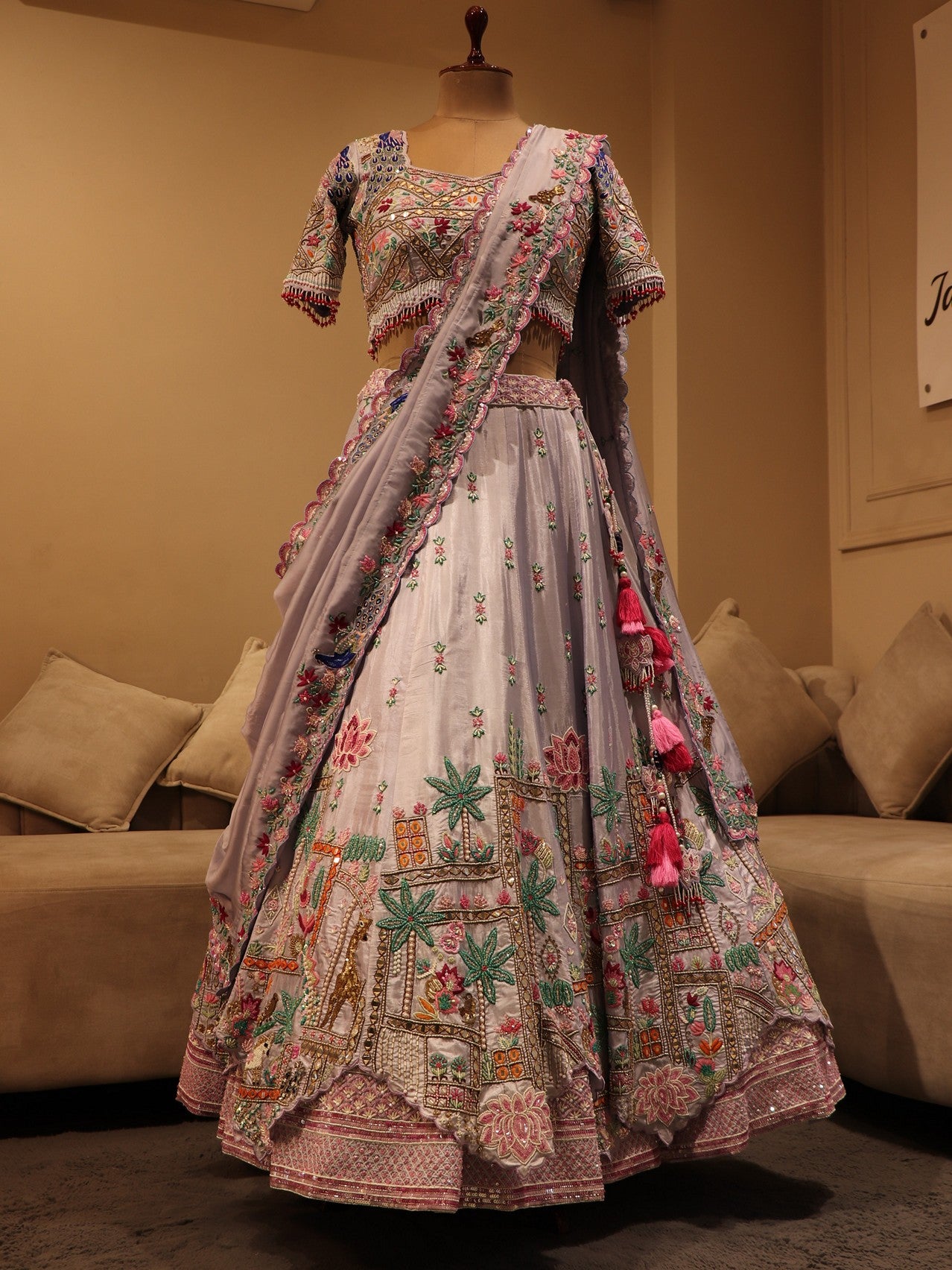 Ice blue peacock embroidered lehenga set