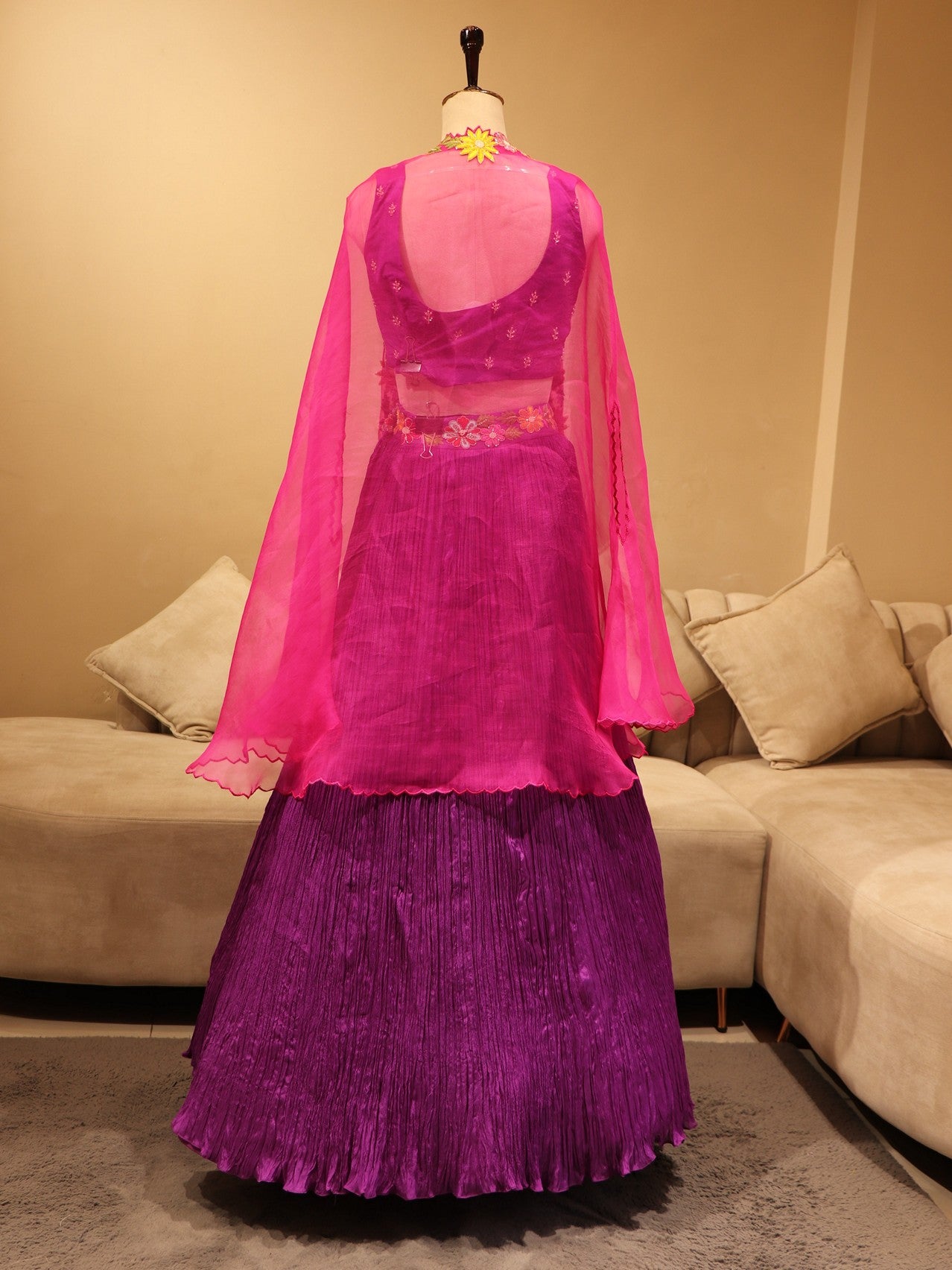 Pink purple crop top skirt cape