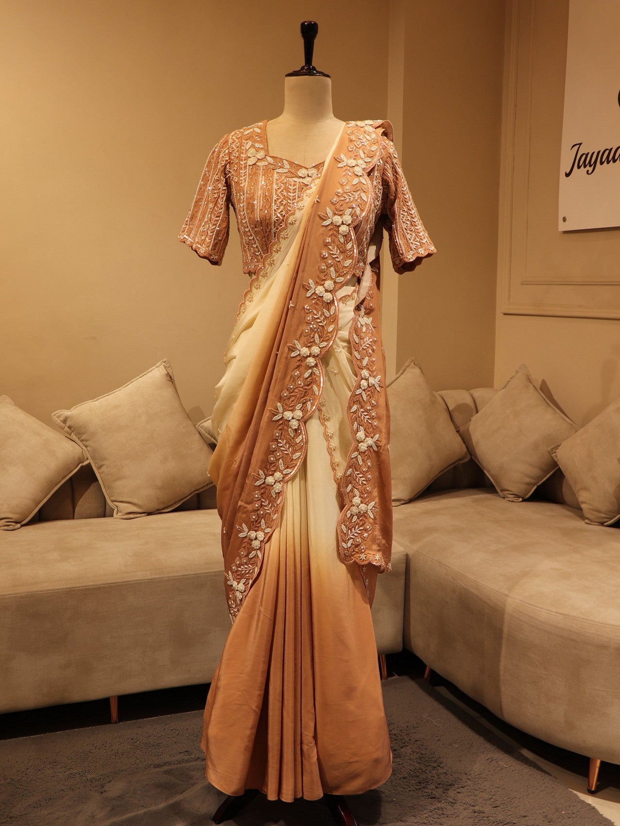 Peach white shaded pre drape saree