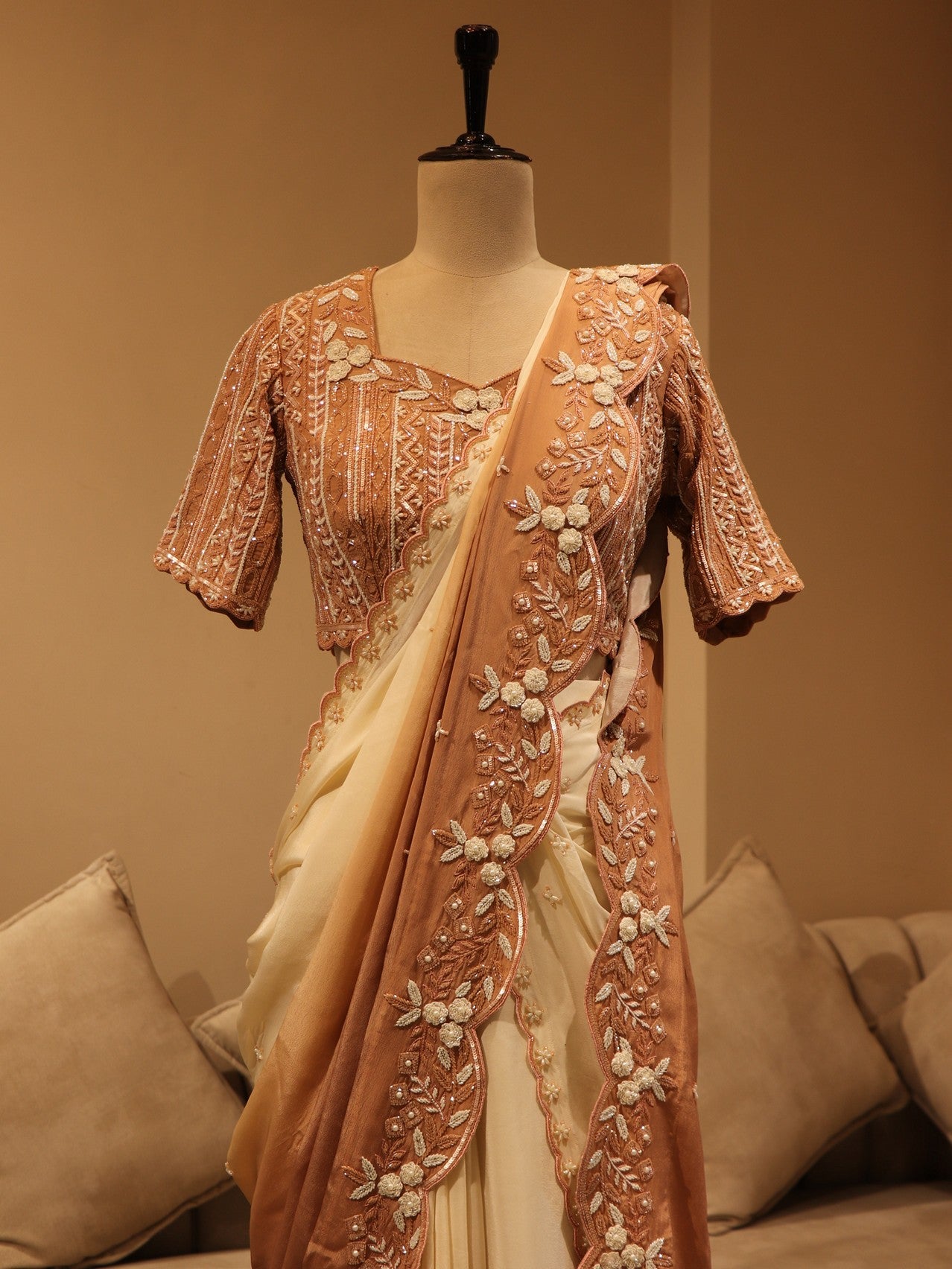 Peach white shaded pre drape saree