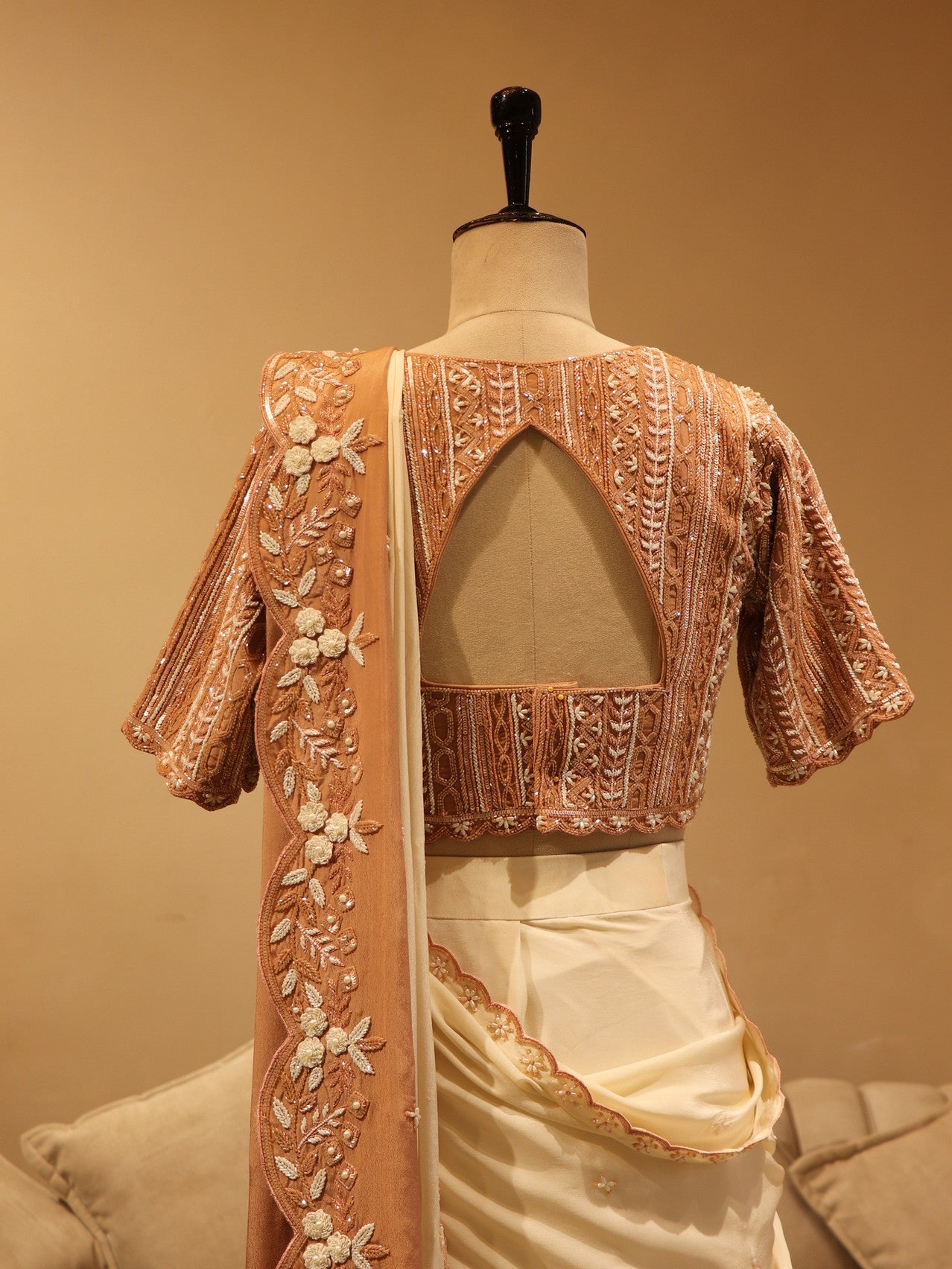 Peach white shaded pre drape saree