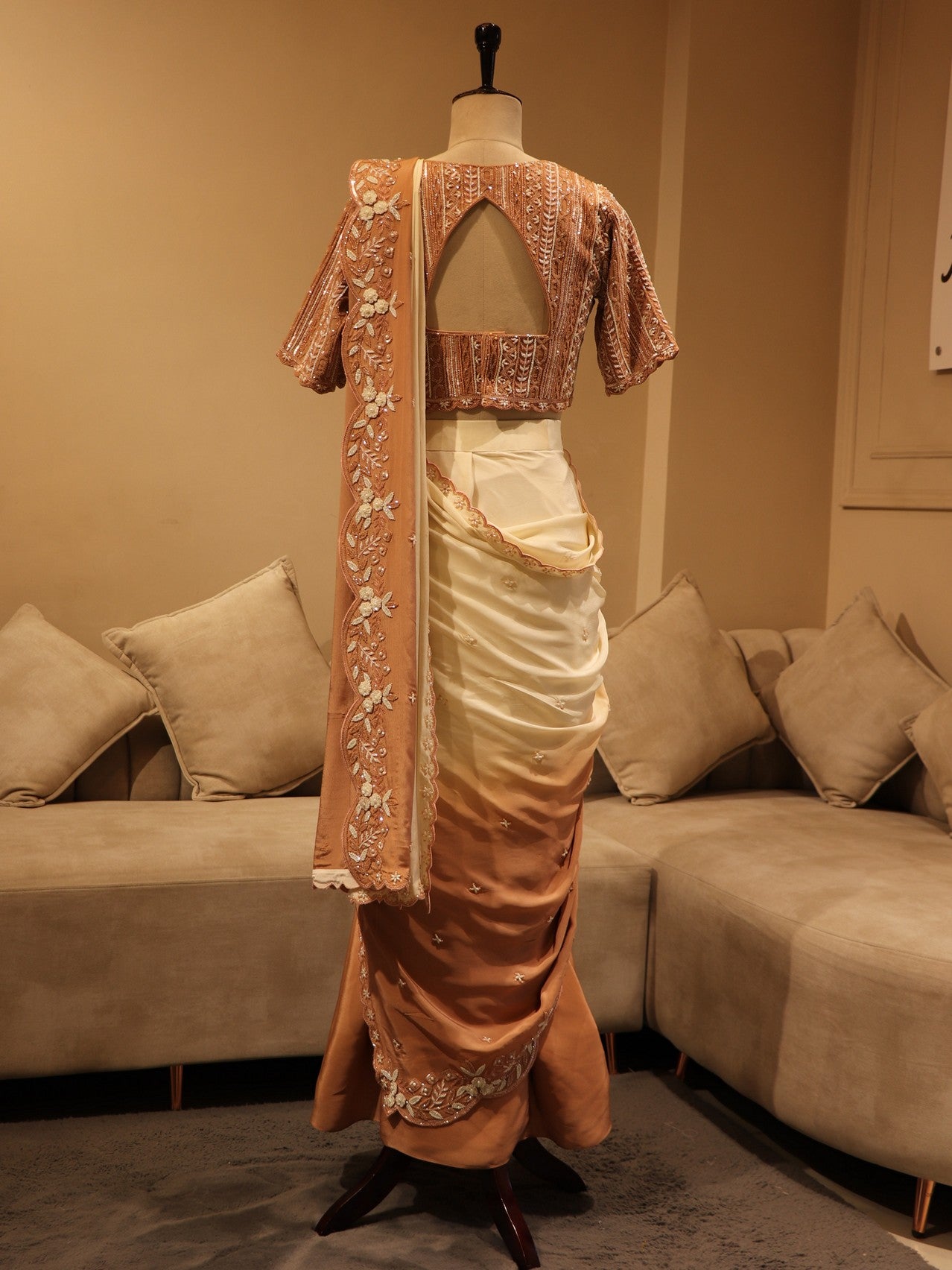 Peach white shaded pre drape saree