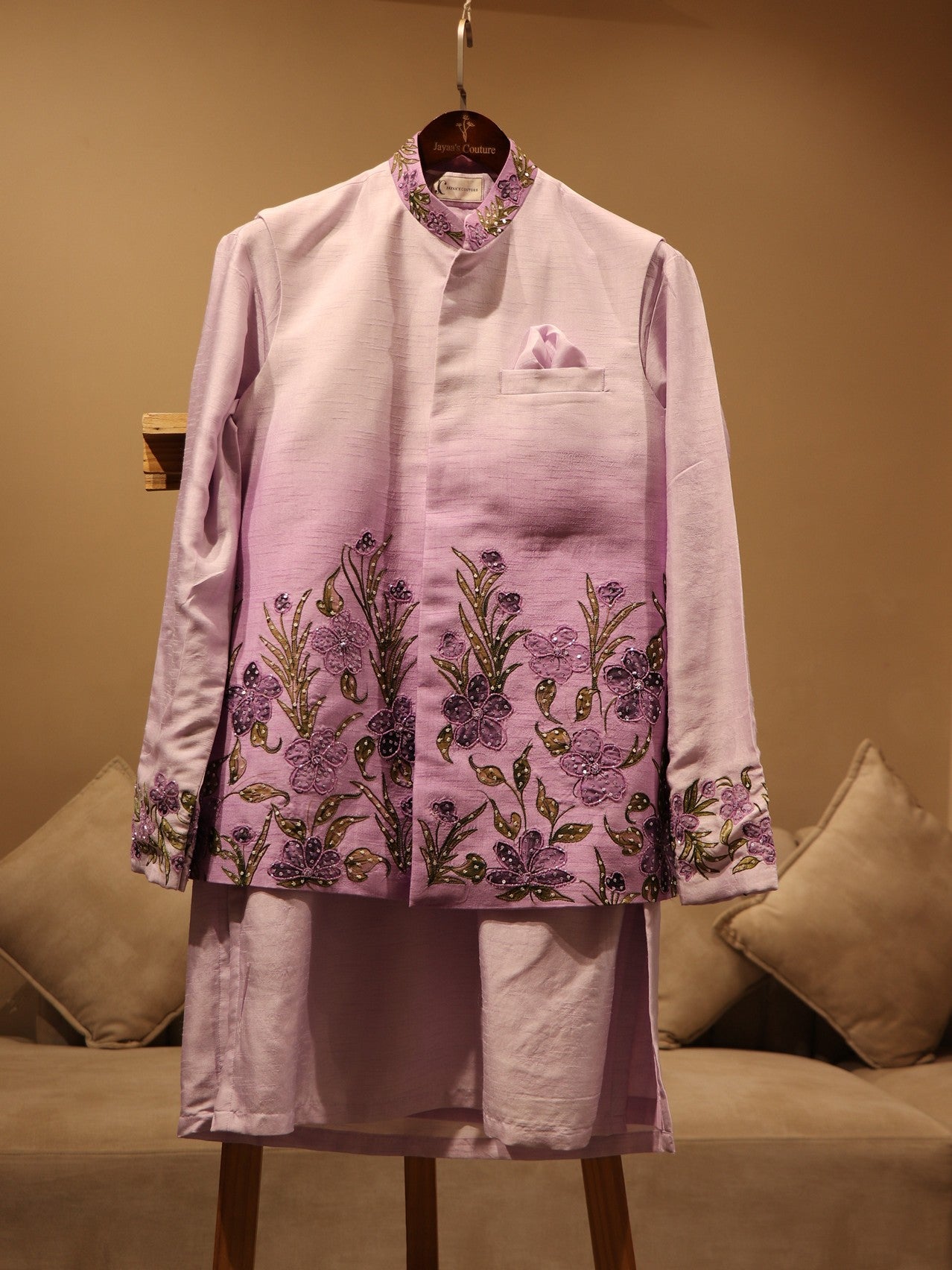 Lilac lavander shaded hand painted mens jacket kurta pants