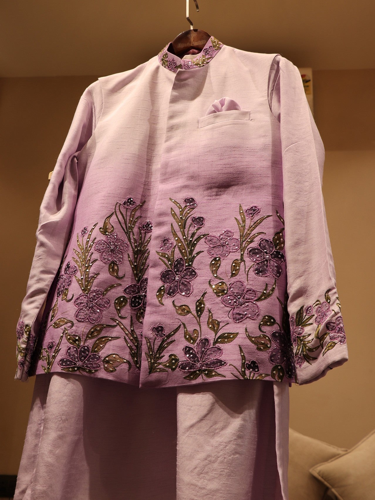 Lilac lavander shaded hand painted mens jacket kurta pants