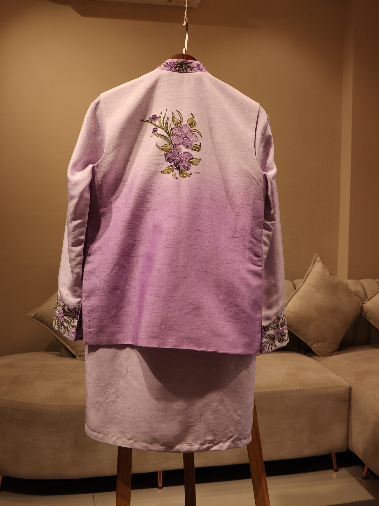 Lilac lavander shaded hand painted mens jacket kurta pants