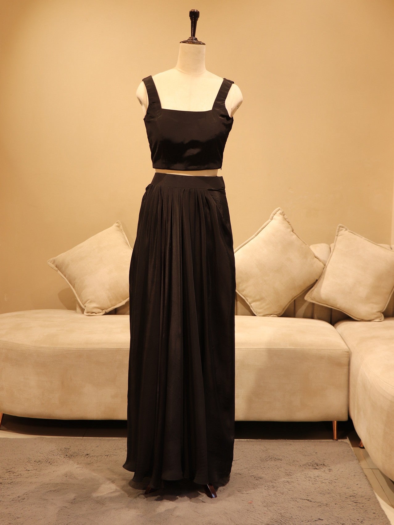 Mid night black crop top skirt with embroidered cape