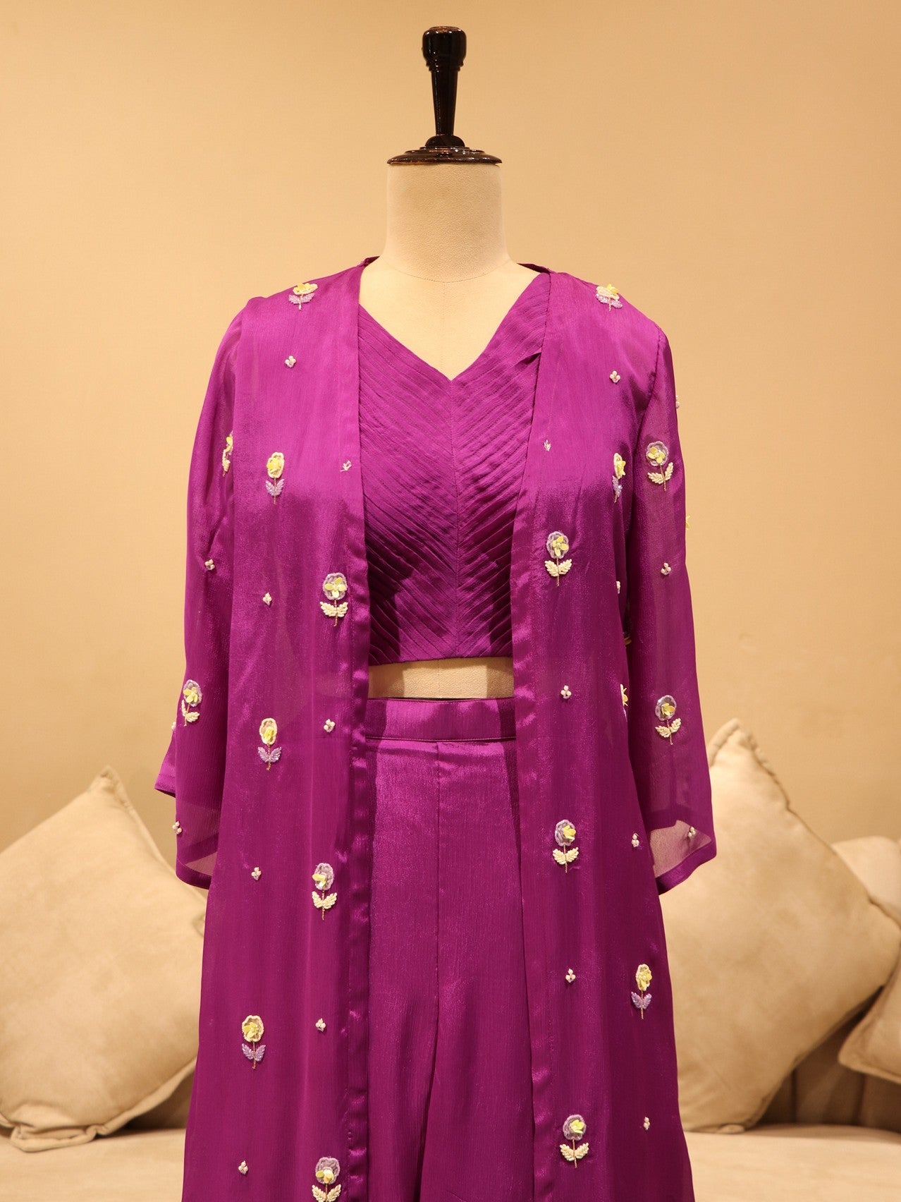 Fuscia pink crop top plazo with cape