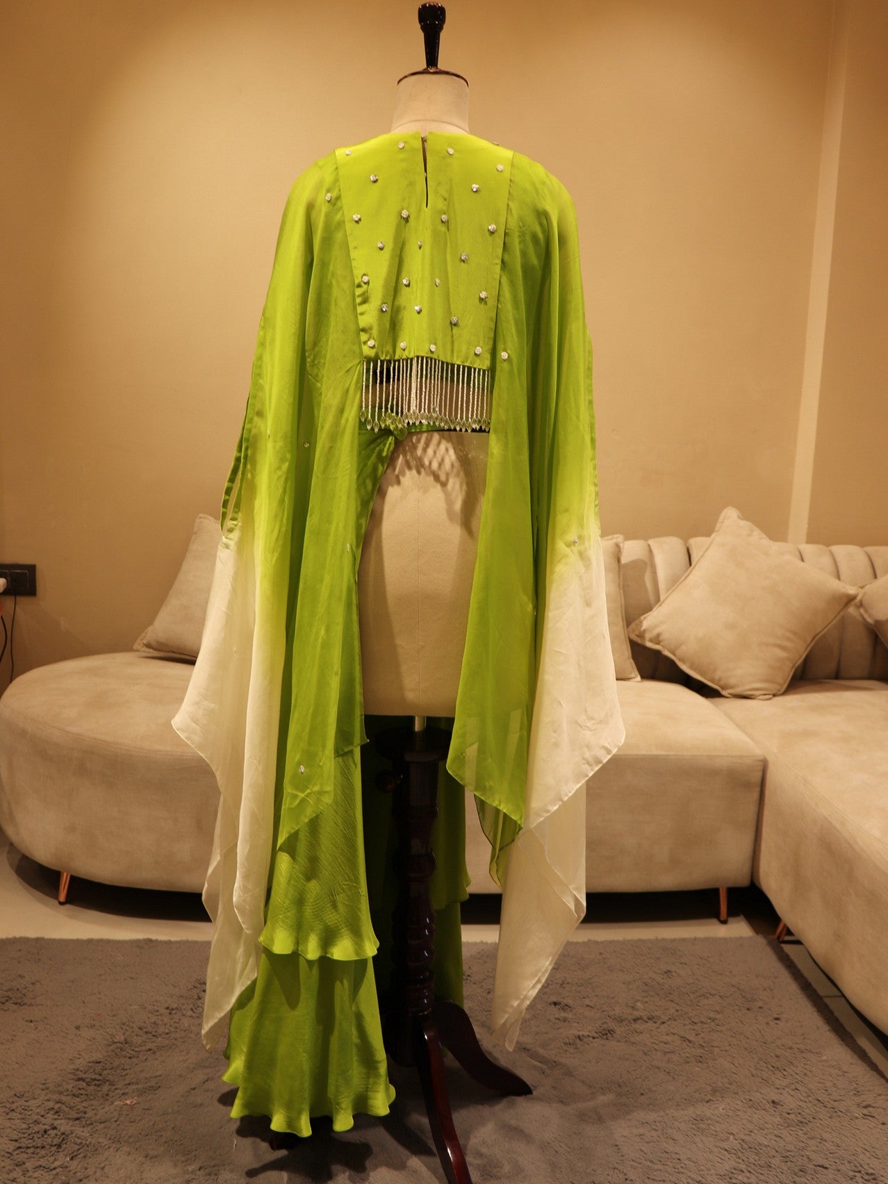 Parrot green crop top plazo with cape