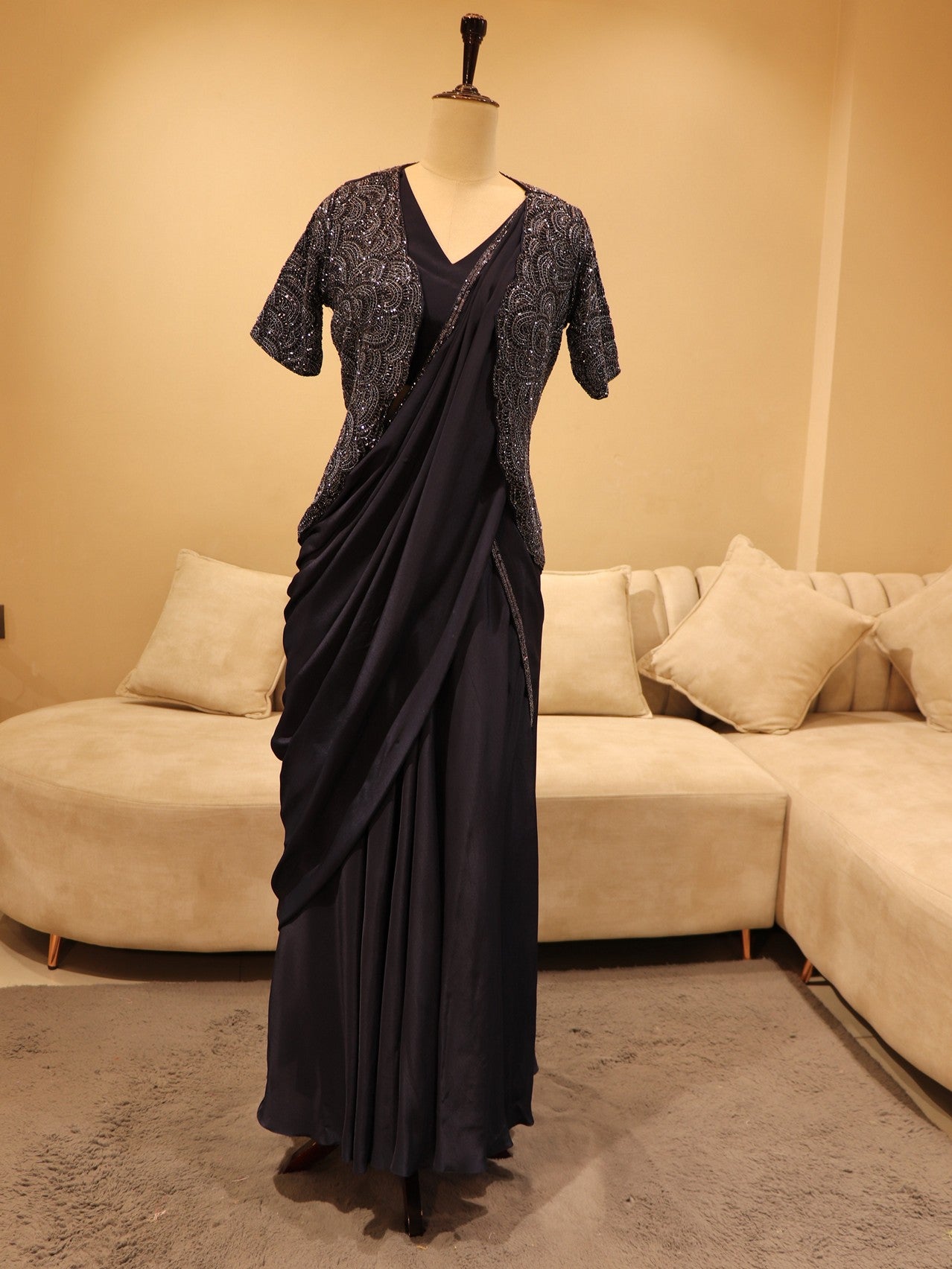 Dark navy blue drape saree with shrug JAYAA'S COUTURE Dark navy blue drape saree with shrug JAYAA'S COUTURE