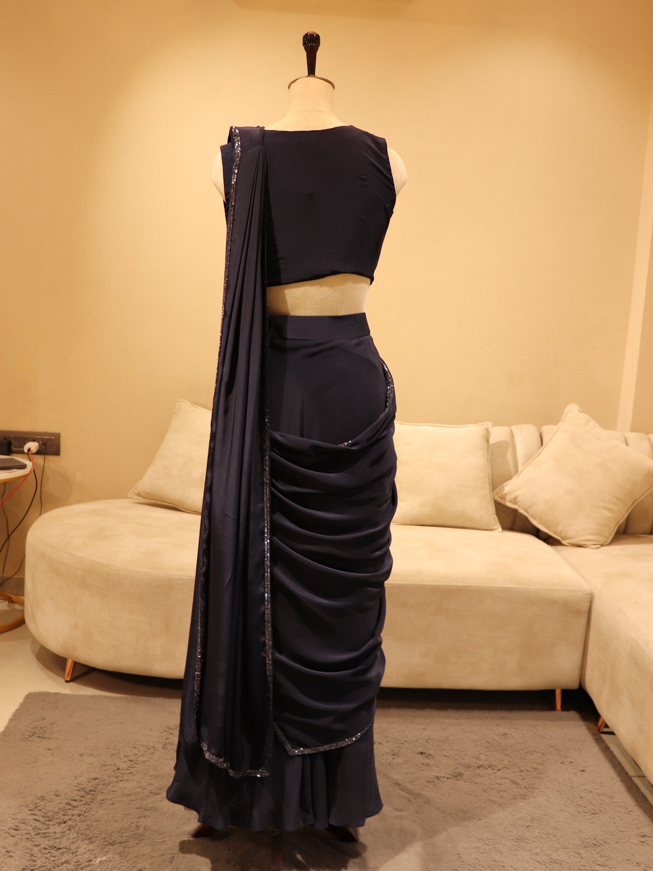 Dark navy blue drape saree with shrug