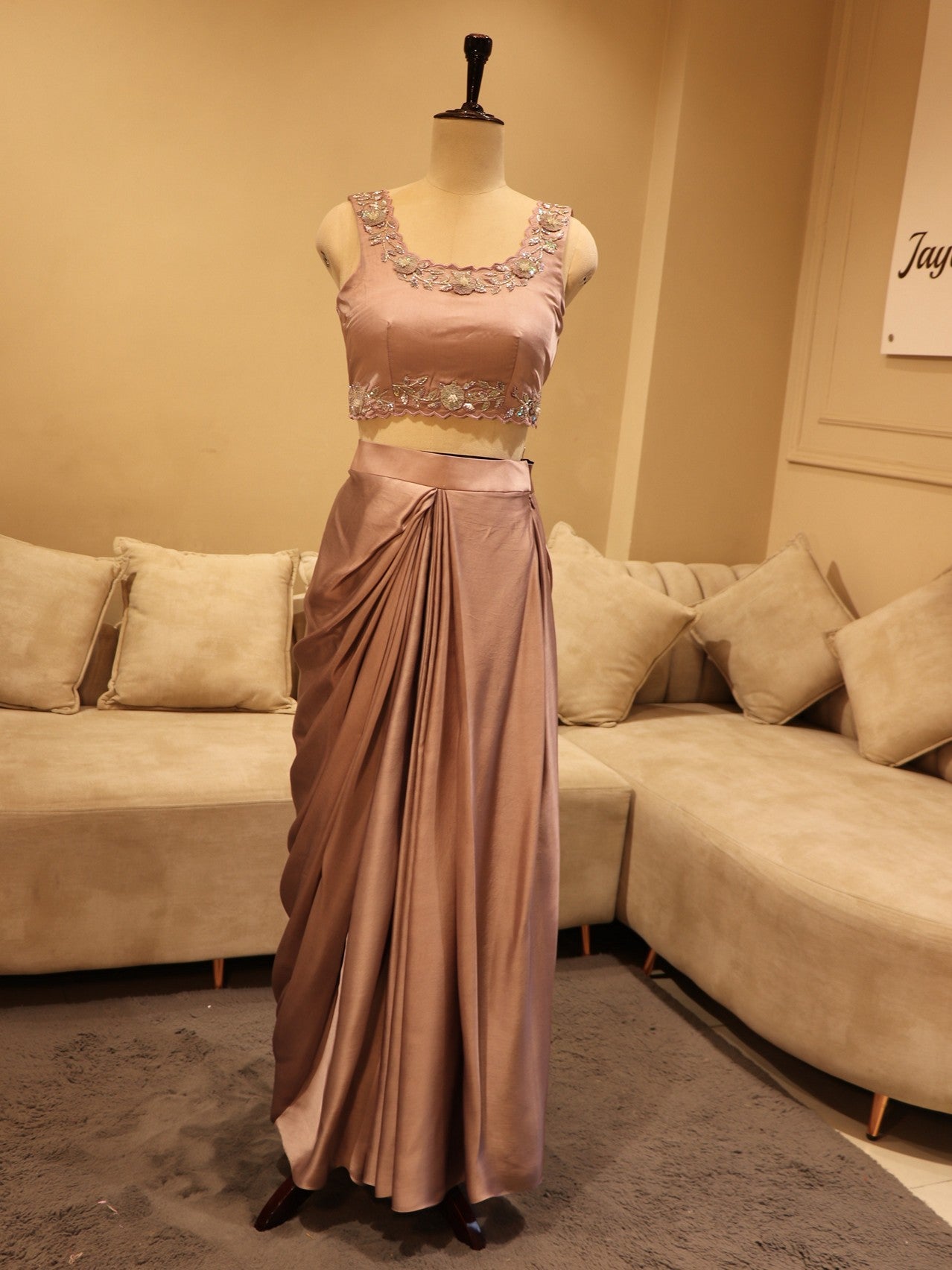 mauve crop top drape skirt with cape