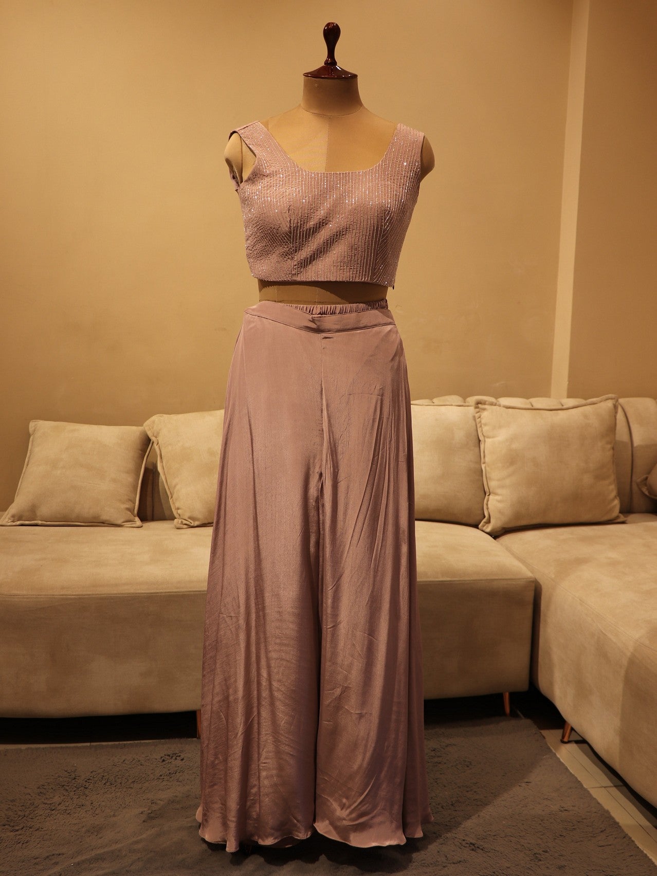 Mauve crop top plazo with cape