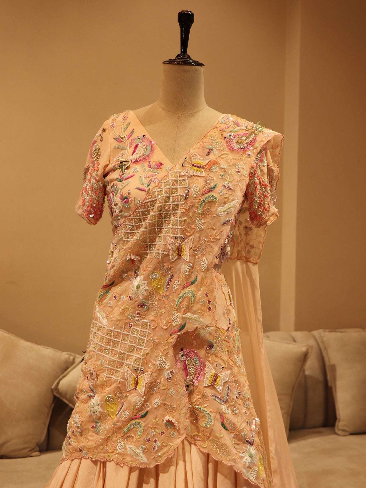 Peach embroidered swan drape lehenga set