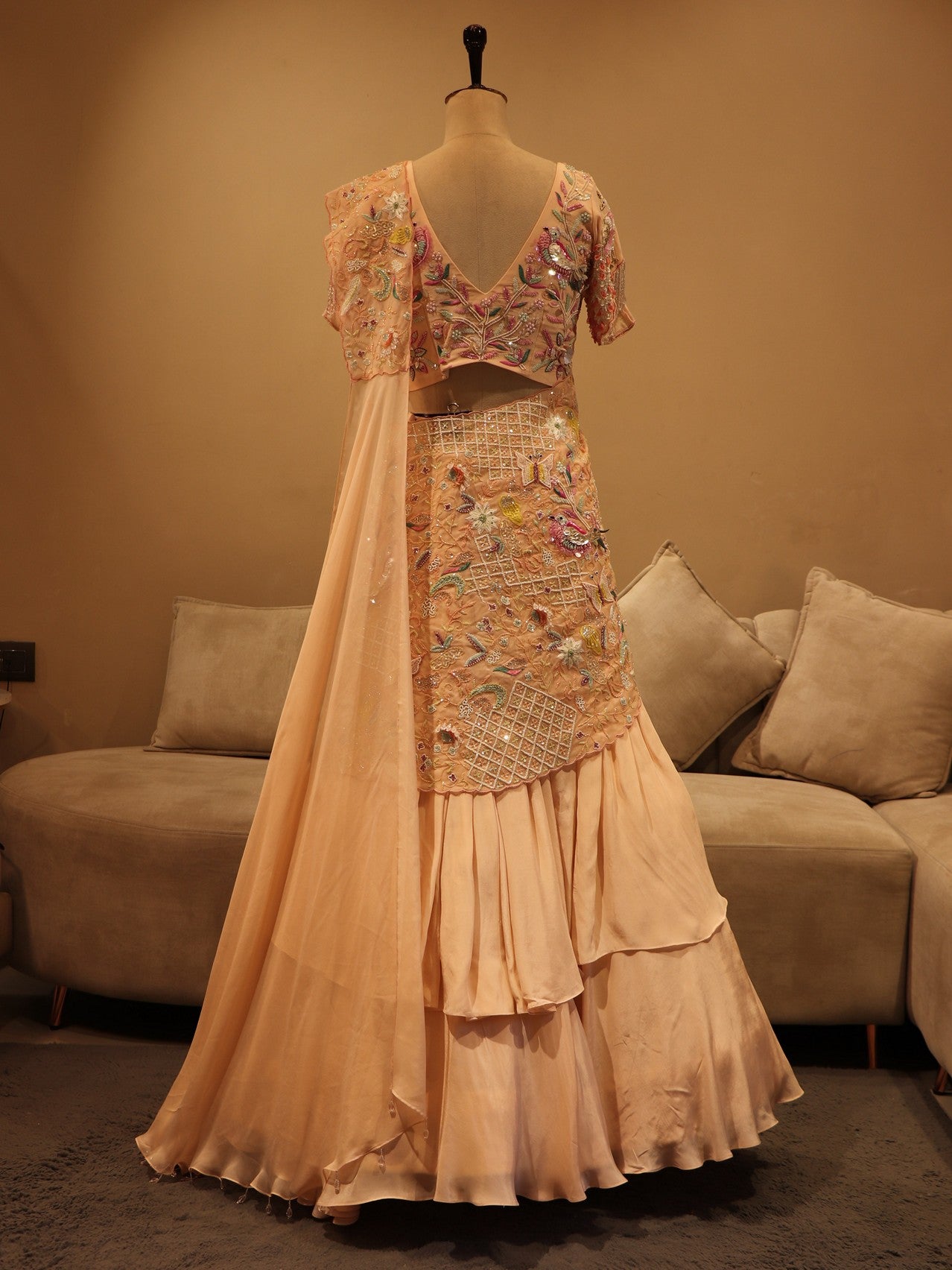 Peach embroidered swan drape lehenga set