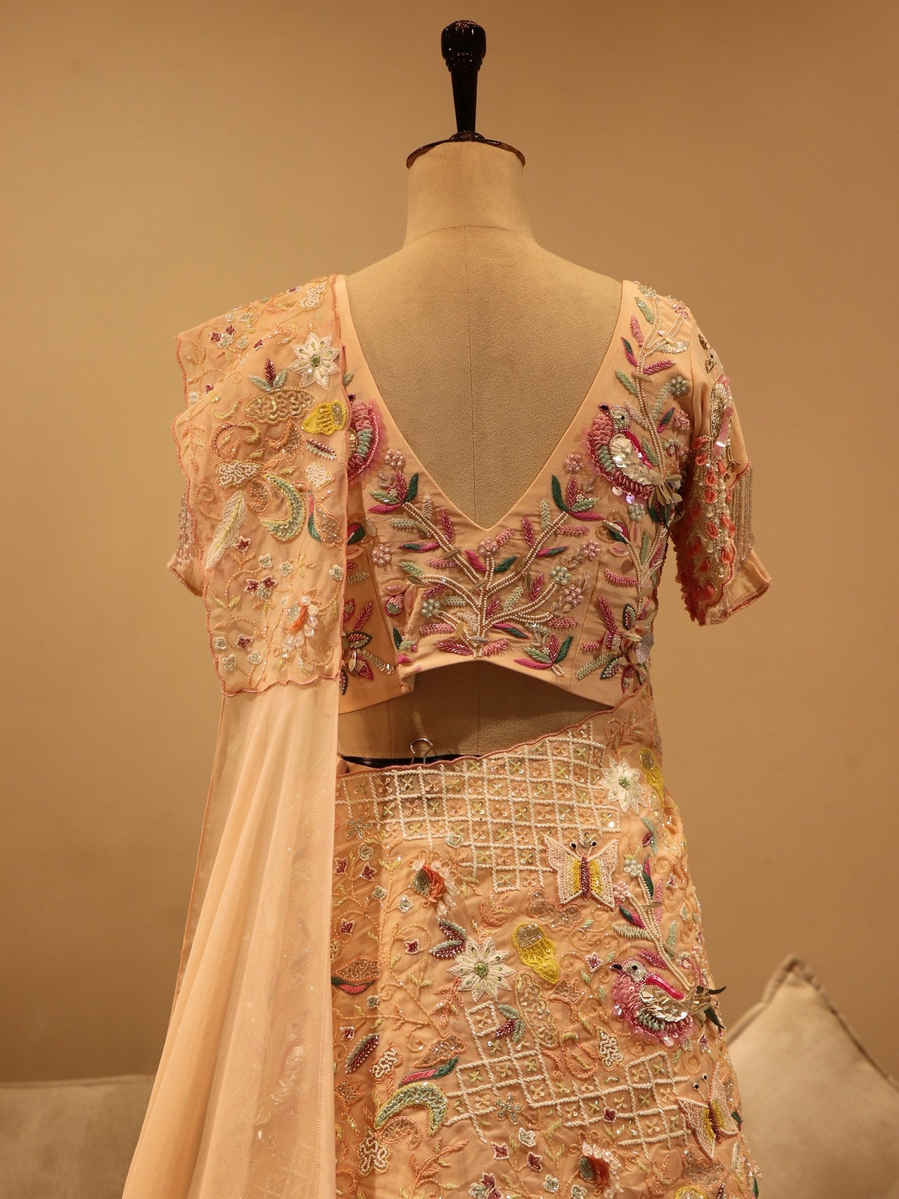 Peach embroidered swan drape lehenga set